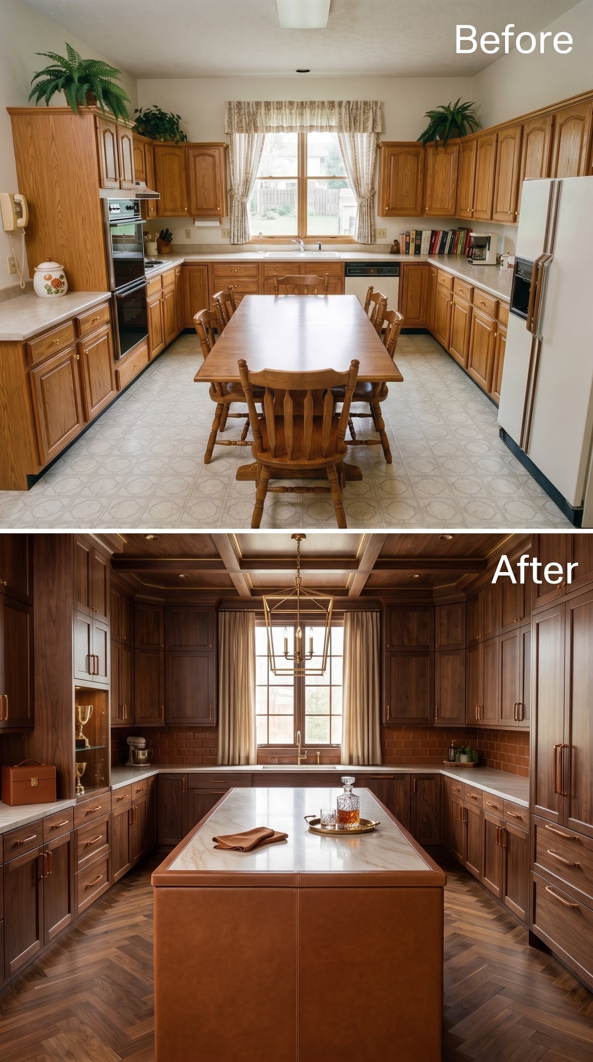 Walnut Cabinets, Leather-Wrapped Island, and Brass Hardware That Means Business