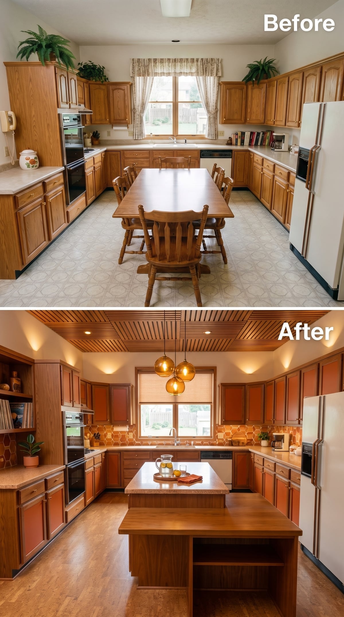 Warm Cherry Cabinets, Honeycomb Backsplash, and Pendant Globes That Glow Like Lanterns