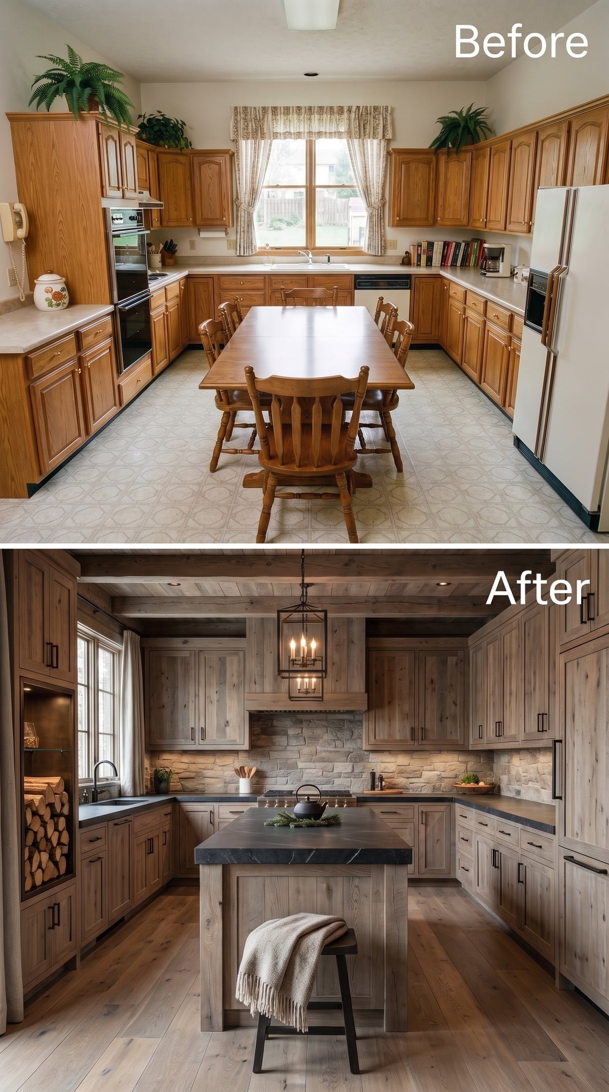 Weathered Oak Cabinets, Stacked Stone Backsplash, and a Lantern Pendant That Sets the Tone
