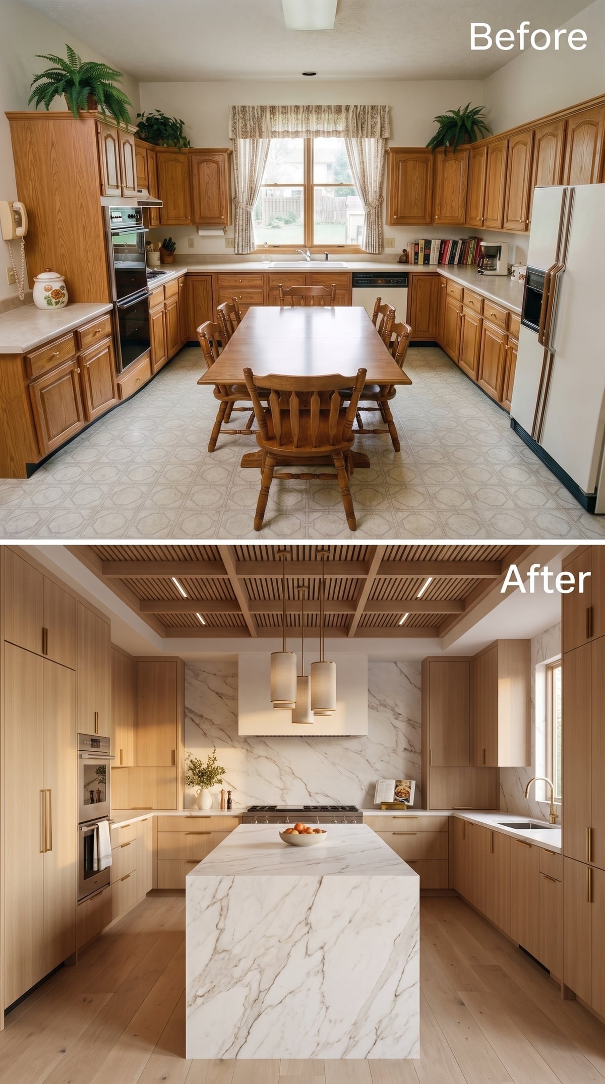 White Oak, Marble Waterfall, and a Slatted Ceiling That Earns Its Place