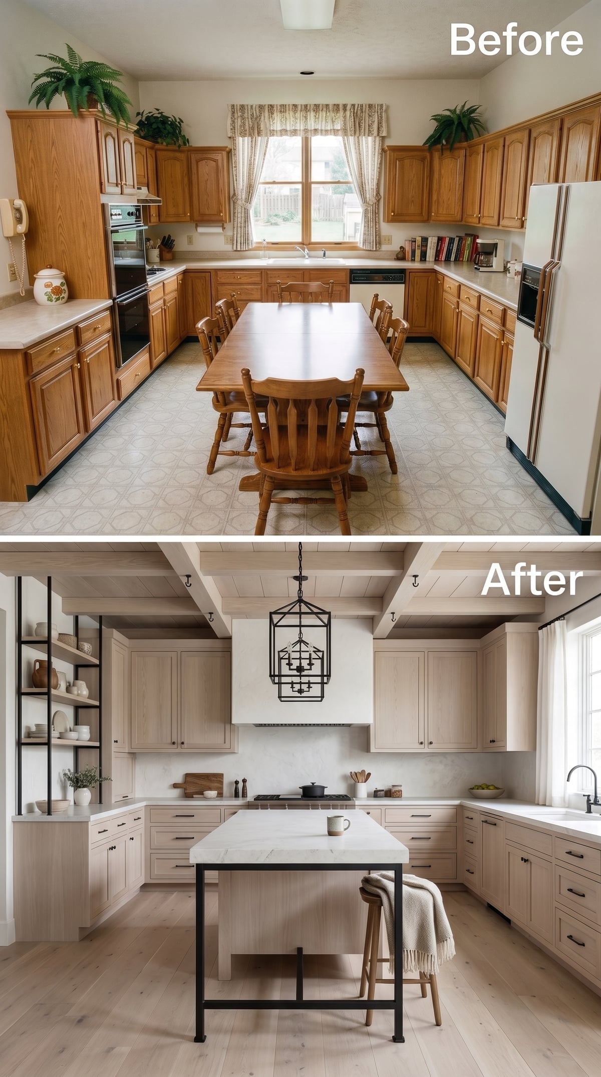 Whitewashed Oak Cabinets, Iron Pendant, and Open Shelving That Earns Its Keep