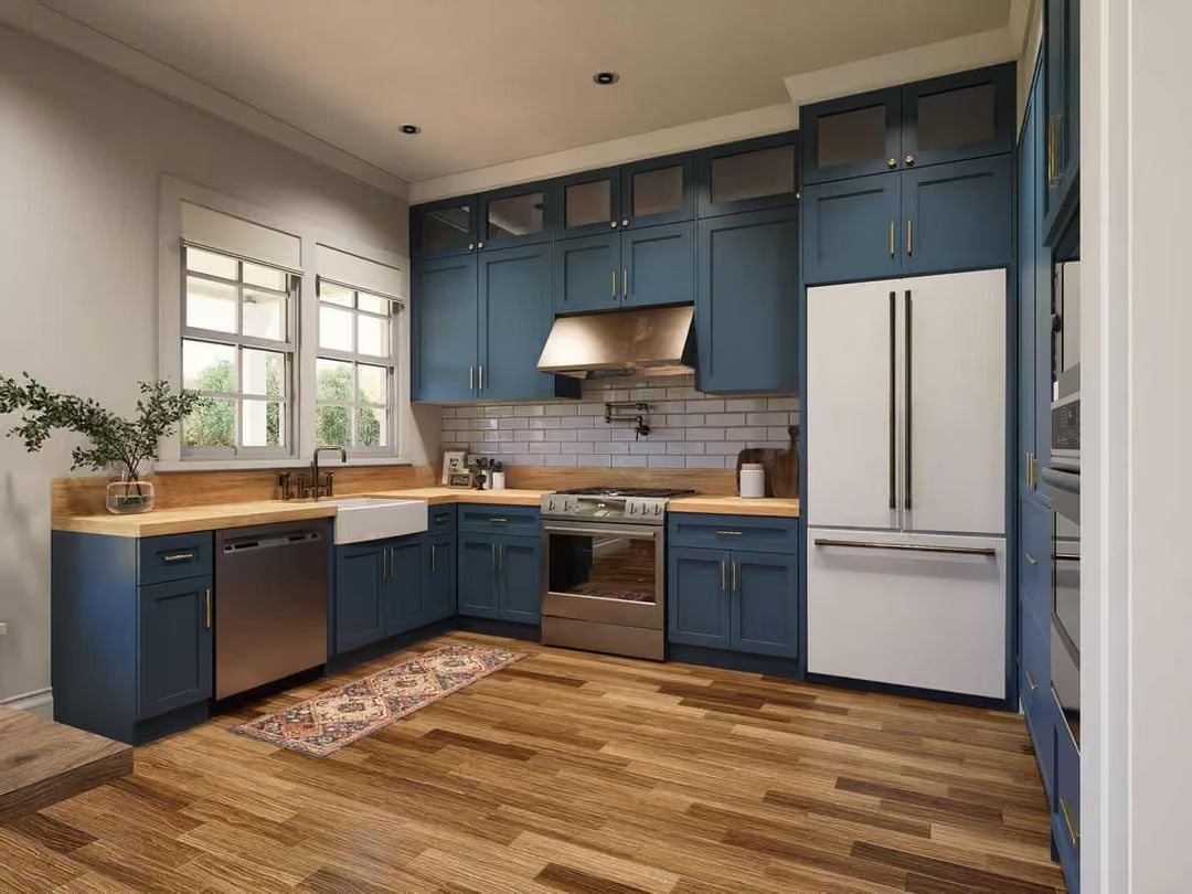 Blue Shaker Cabinets and Butcher Block That Pull the Whole Kitchen Together
