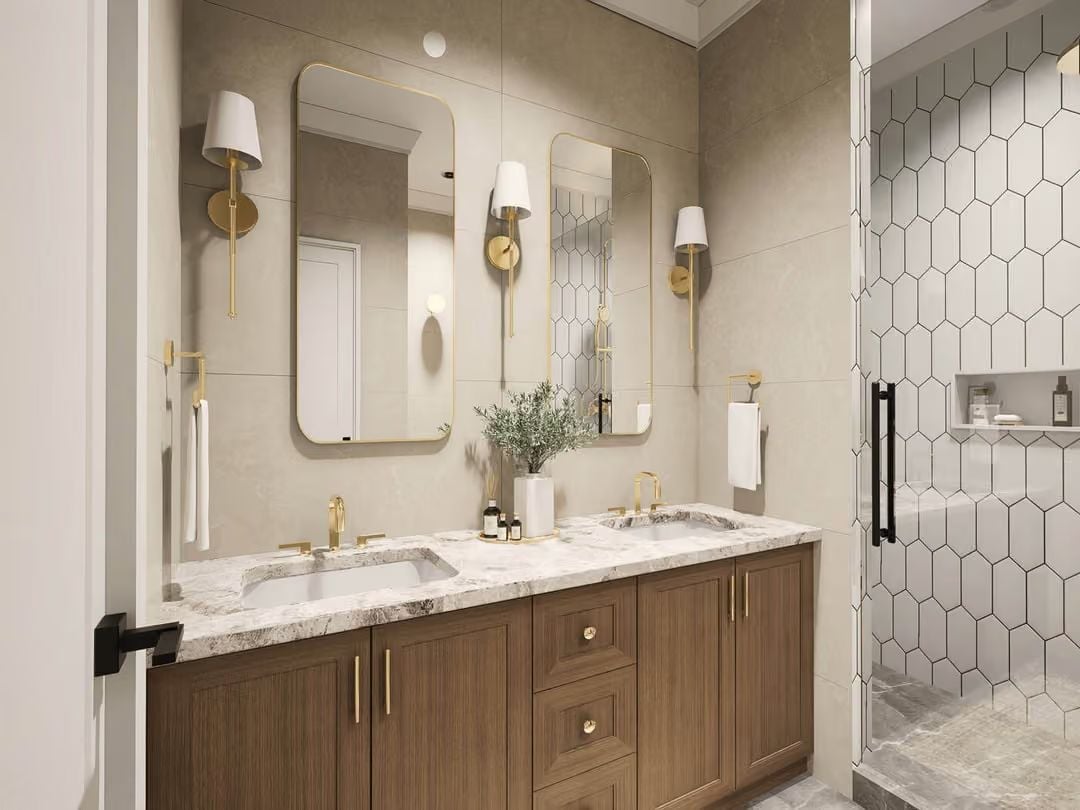 Gold Hardware and Marble Countertops That Make a Double Vanity Worth the Space