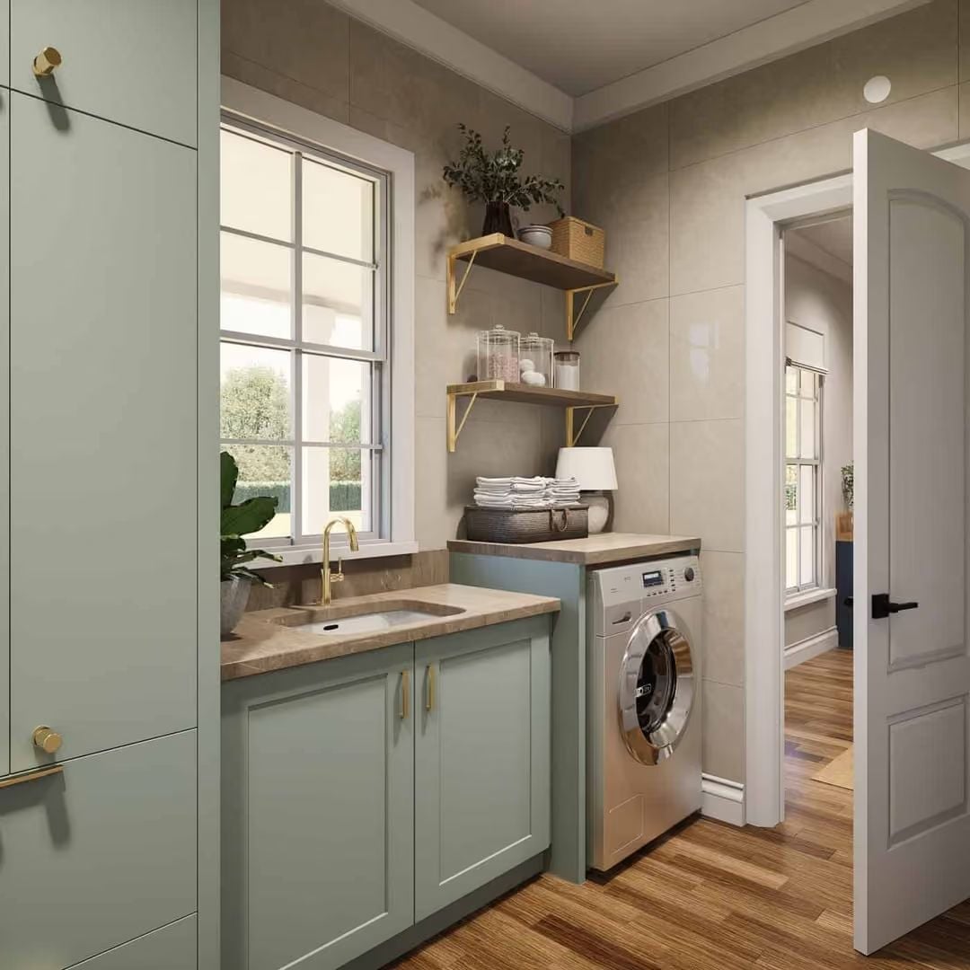 Sage Cabinets and Gold Brackets That Make a Laundry Room Feel Worth Designing
