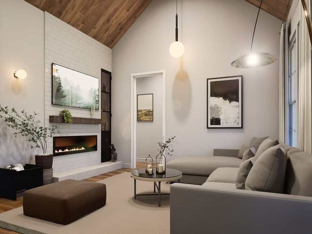 Vaulted Wood Ceiling and a Linear Fireplace That Do the Heavy Lifting