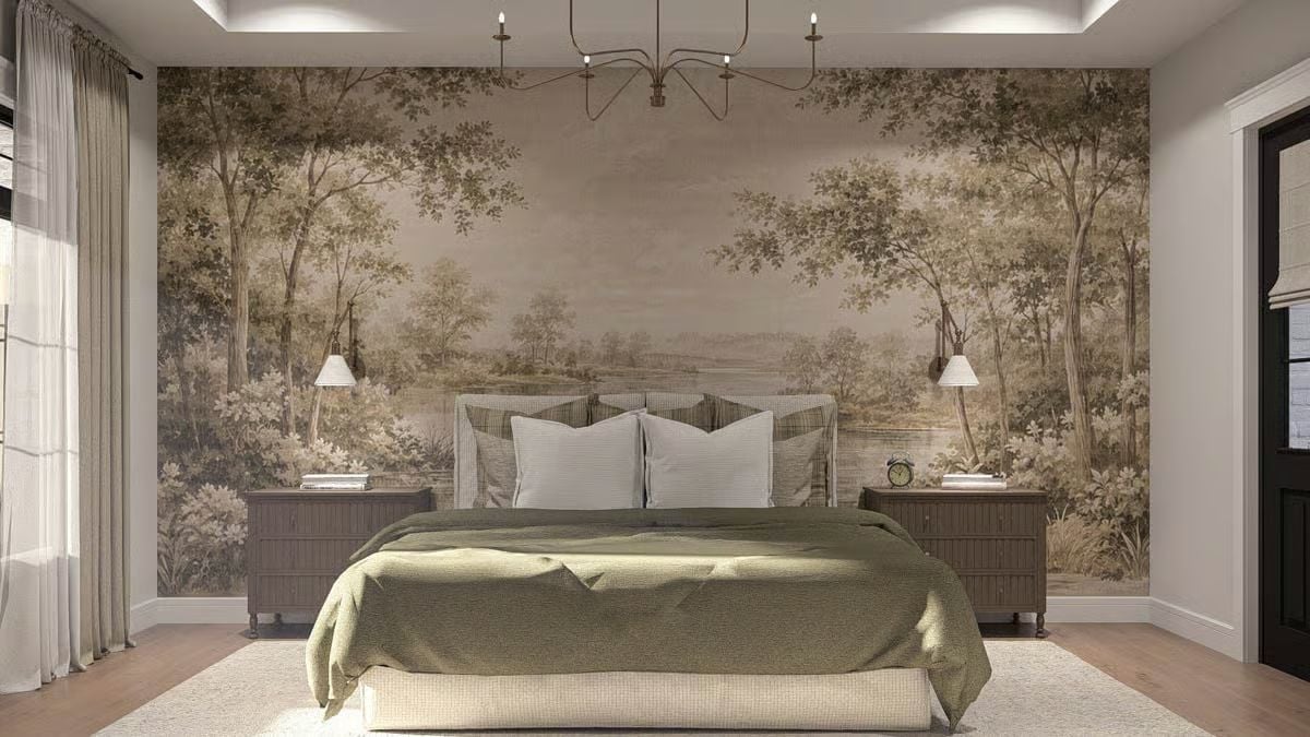 Sepia Mural and Olive Bedding Turn a Bedroom Wall Into a Clearing