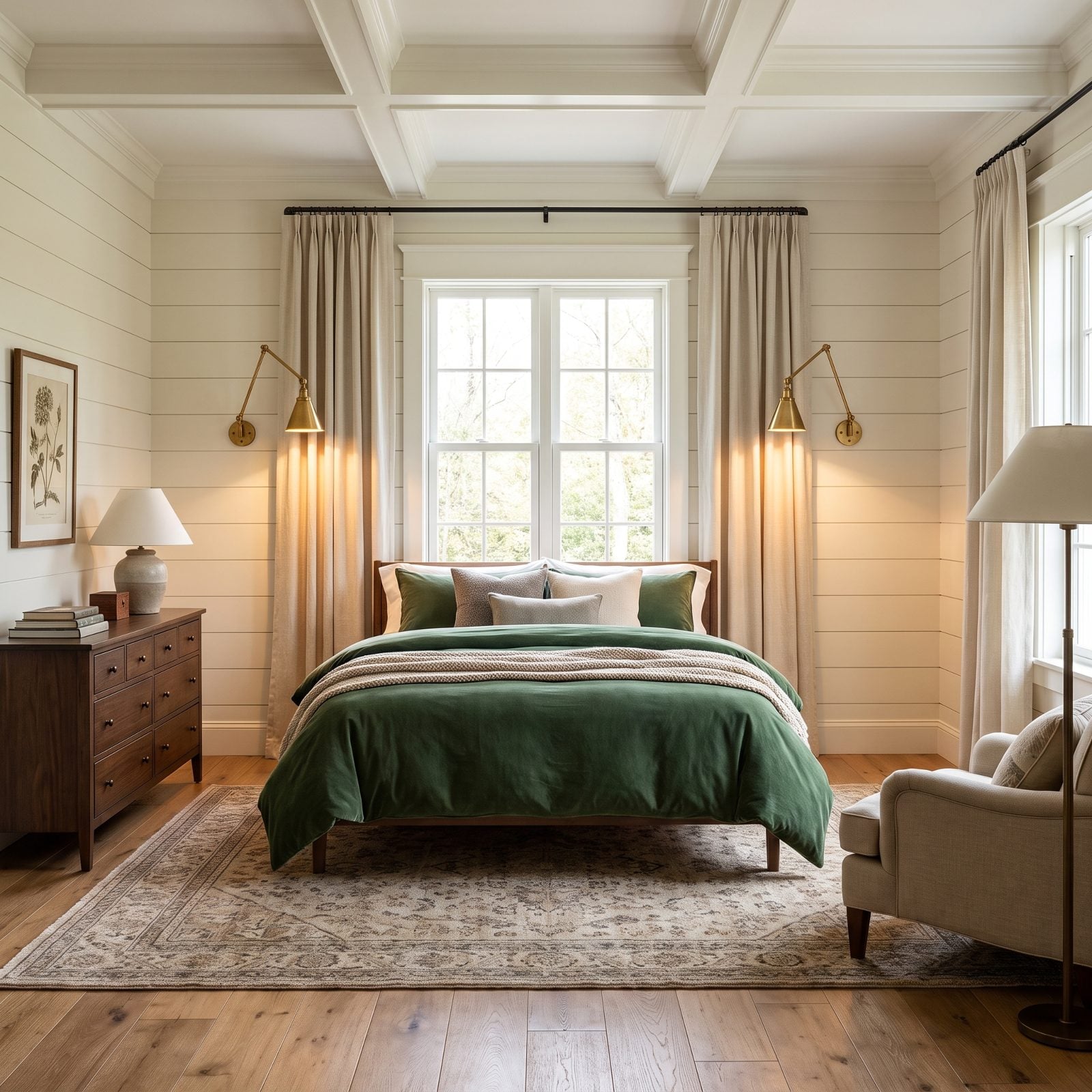 Bedroom with wall sconces flanking the window rather than the bed, sitting too wide and high over the pillows.
