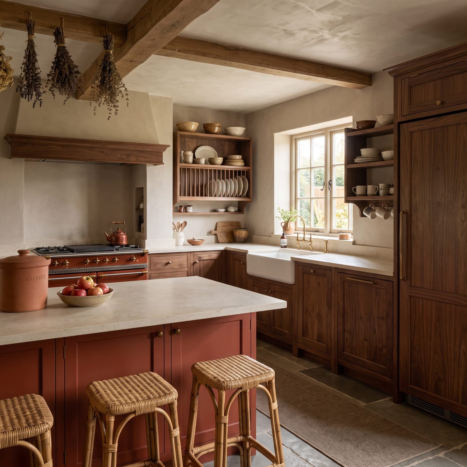 Walnut-and-Brick-Red English Country Kitchen