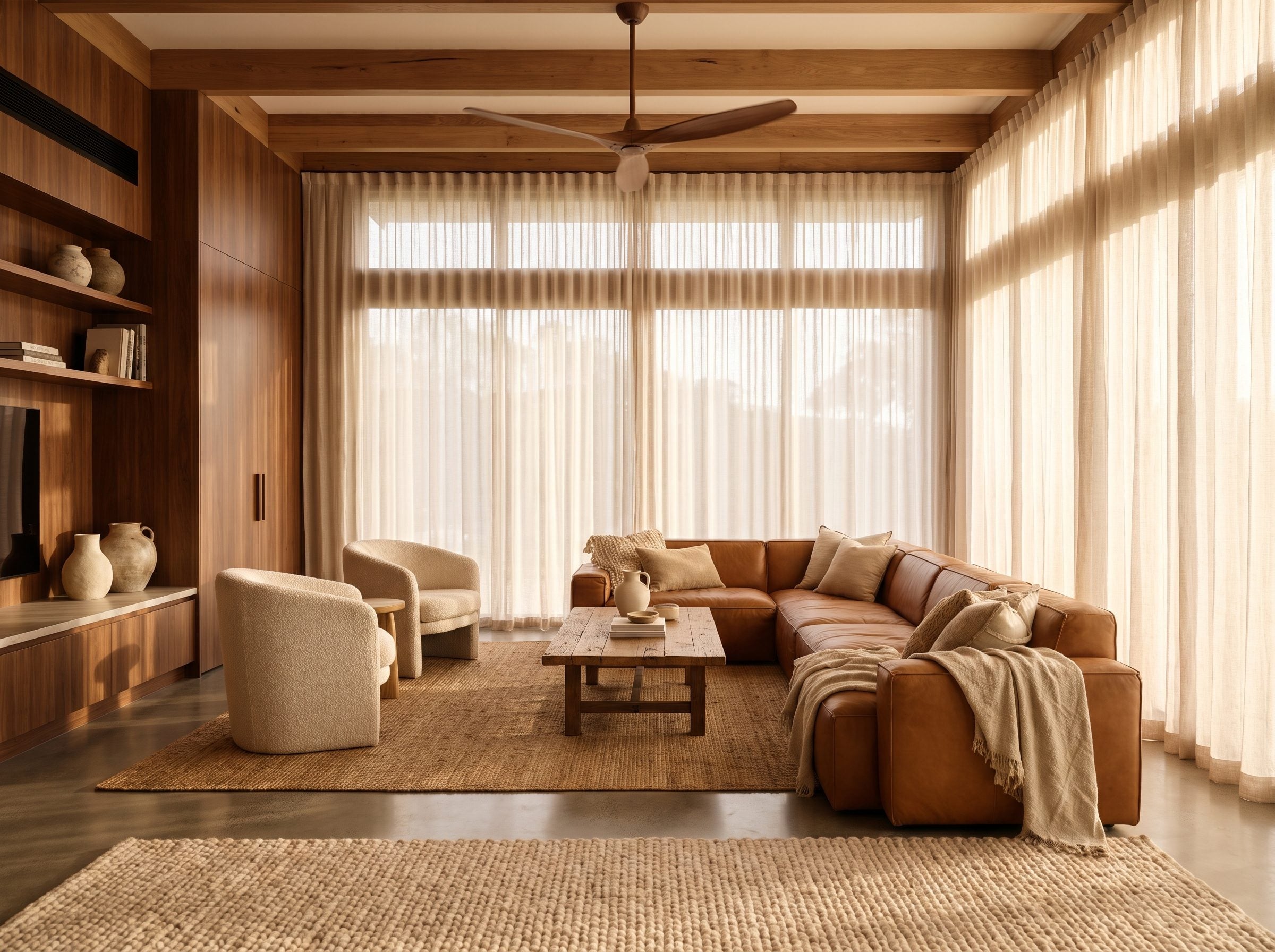Living room with a 44-inch walnut-blade ceiling fan mounted above a walnut coffee table on a nine-foot ceiling.