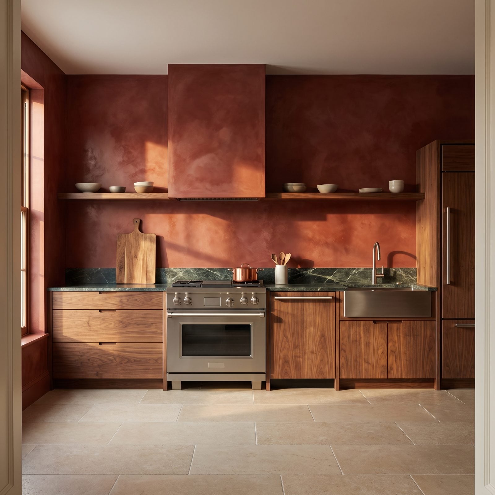 Walnut Cabinets Against a Venetian-Red Plaster Wall