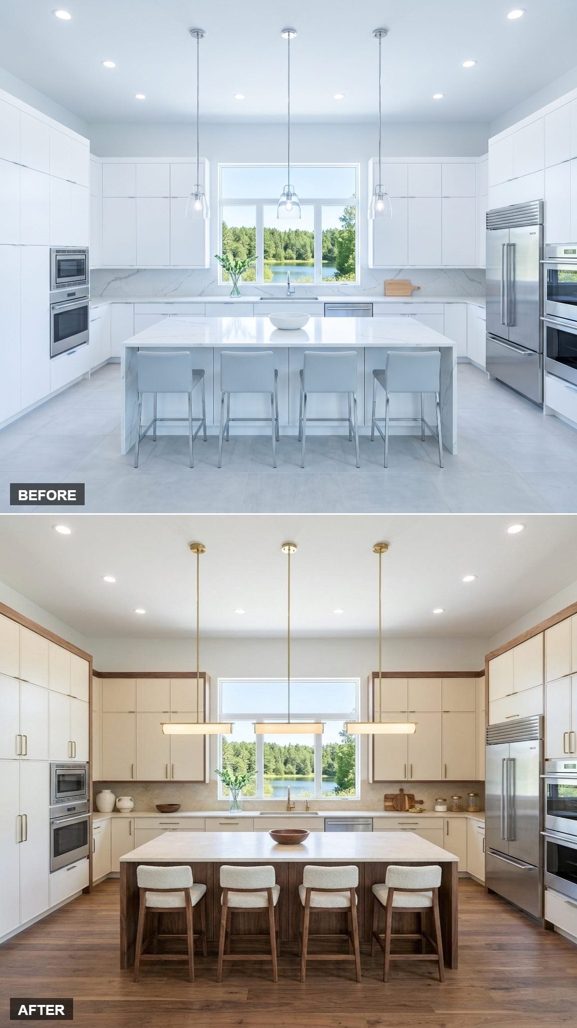 Walnut Frames as Architectural Detail Around Warm Cream Cabinetry