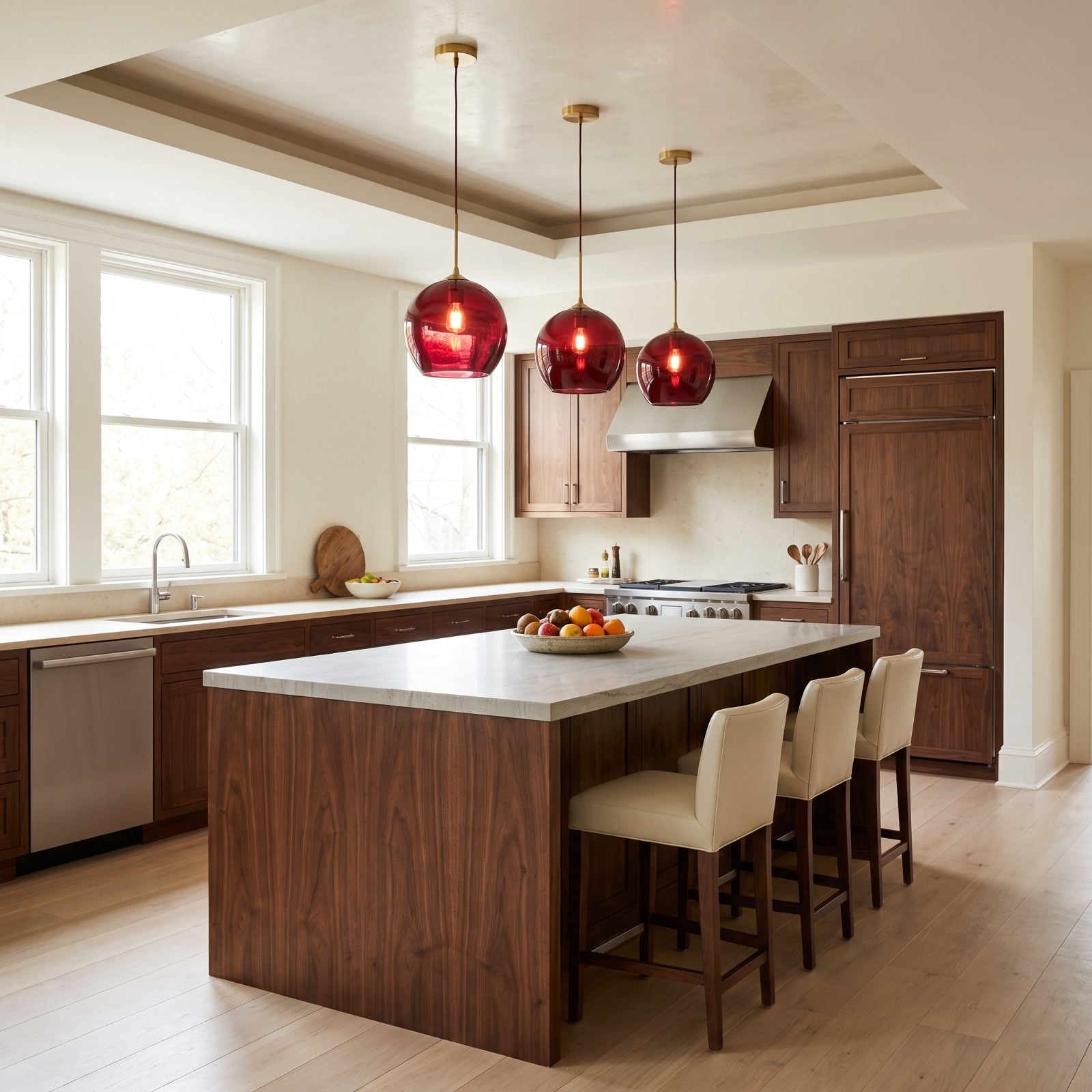 Walnut Island Beneath Ruby-Glass Pendant Lights