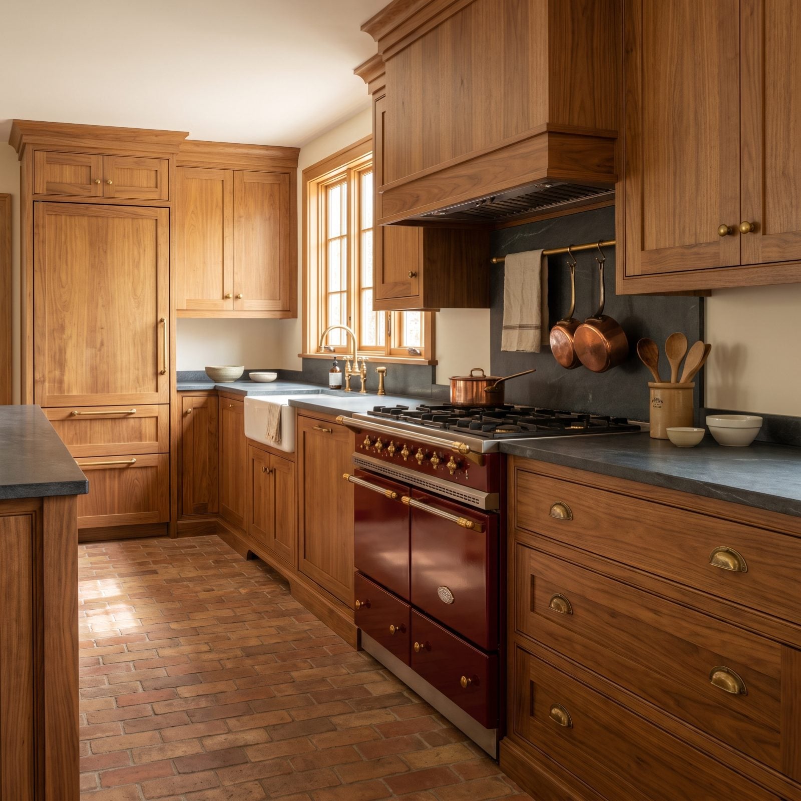 Walnut Kitchen With a Burgundy Range