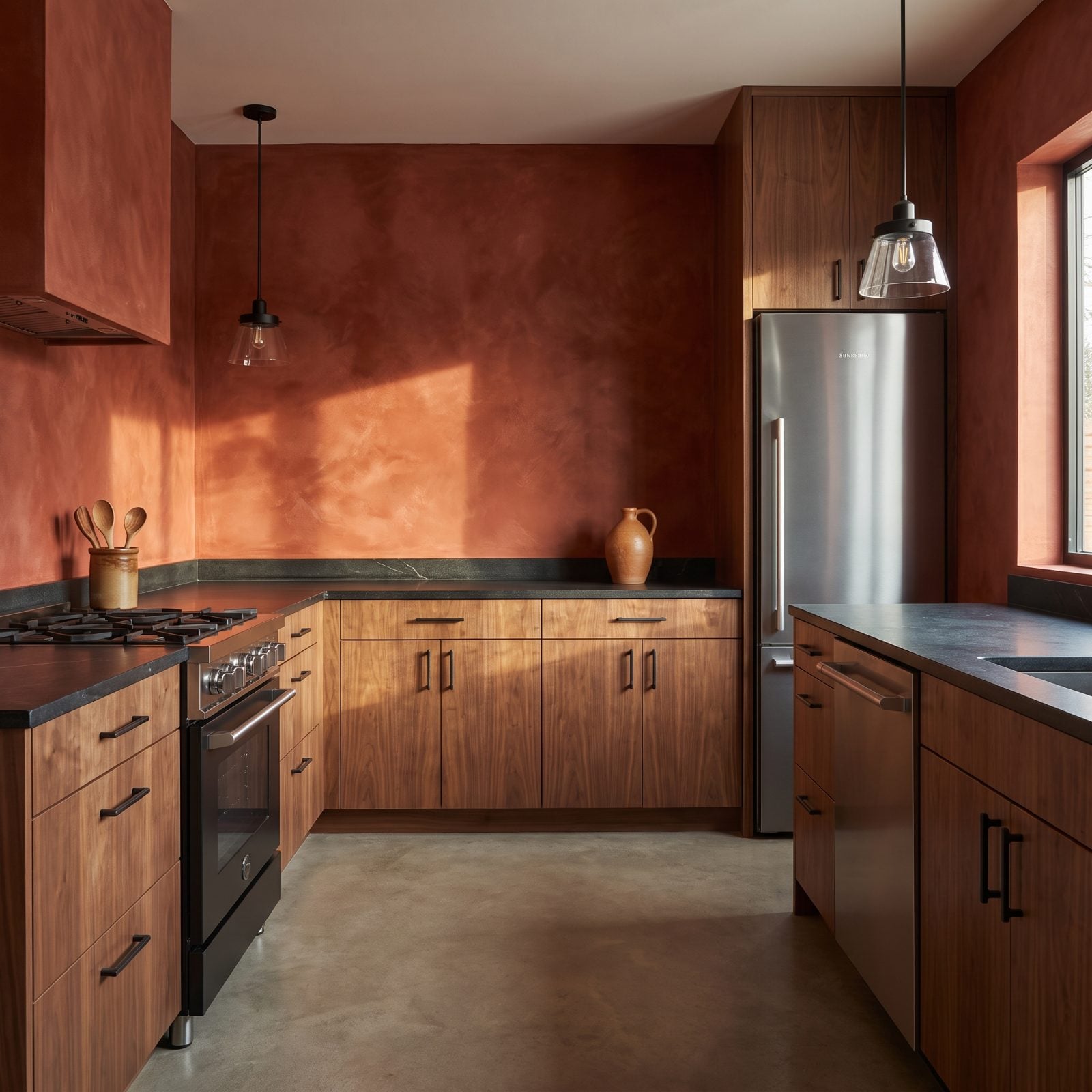 Walnut Kitchen With a Burnt-Red Limewash Backsplash