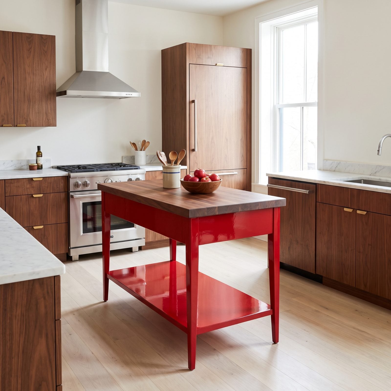 Walnut Kitchen With a Candy-Apple Red Prep Table