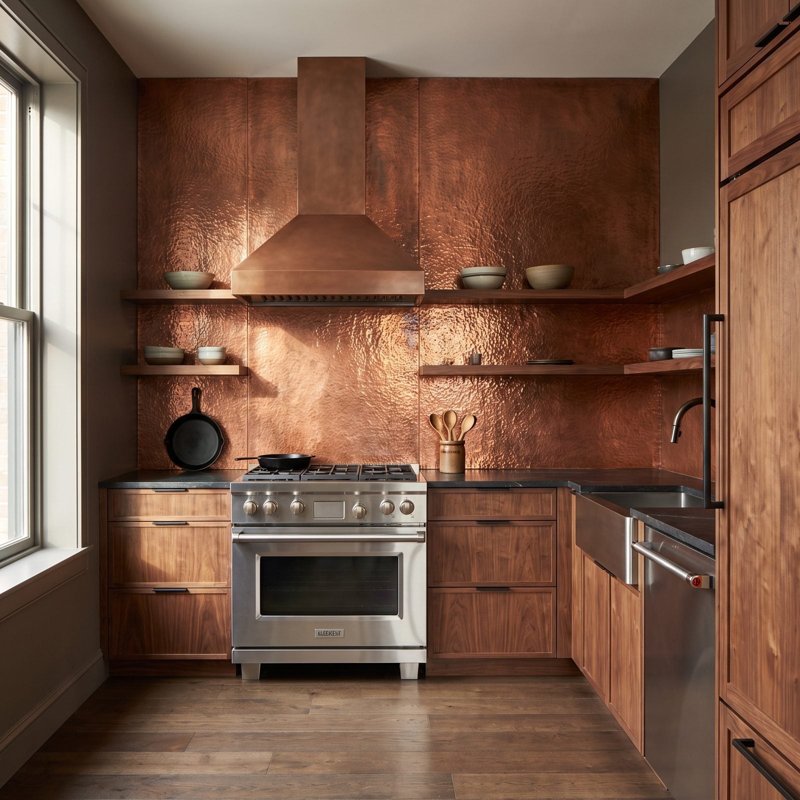 Walnut Kitchen With a Coppery Red Metal Backsplash