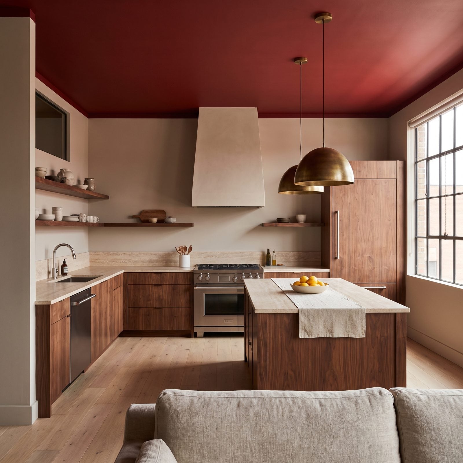 Walnut Kitchen With a Crimson Ceiling and Neutral Walls