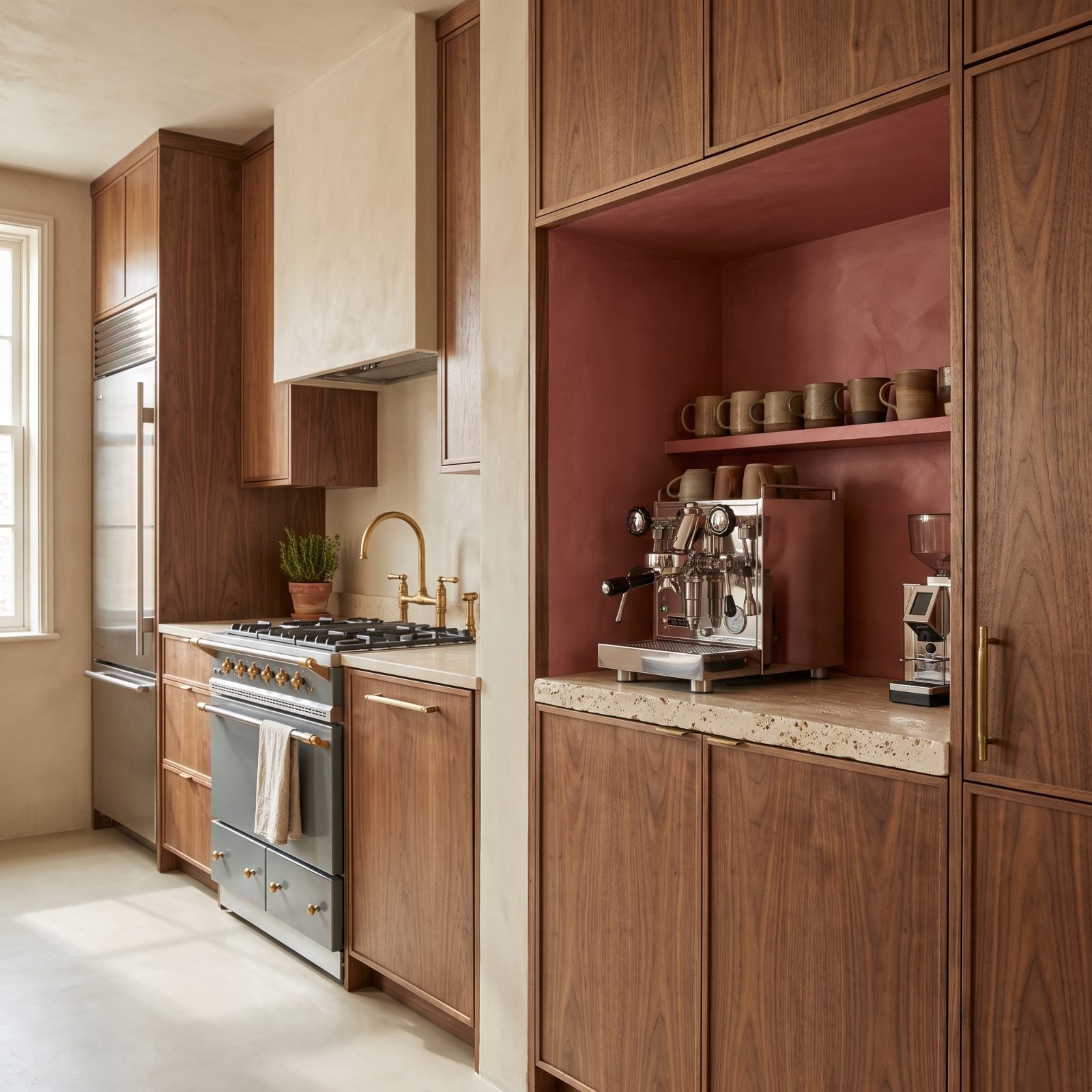 Walnut Kitchen With a Dusty Rose-Red Coffee Station