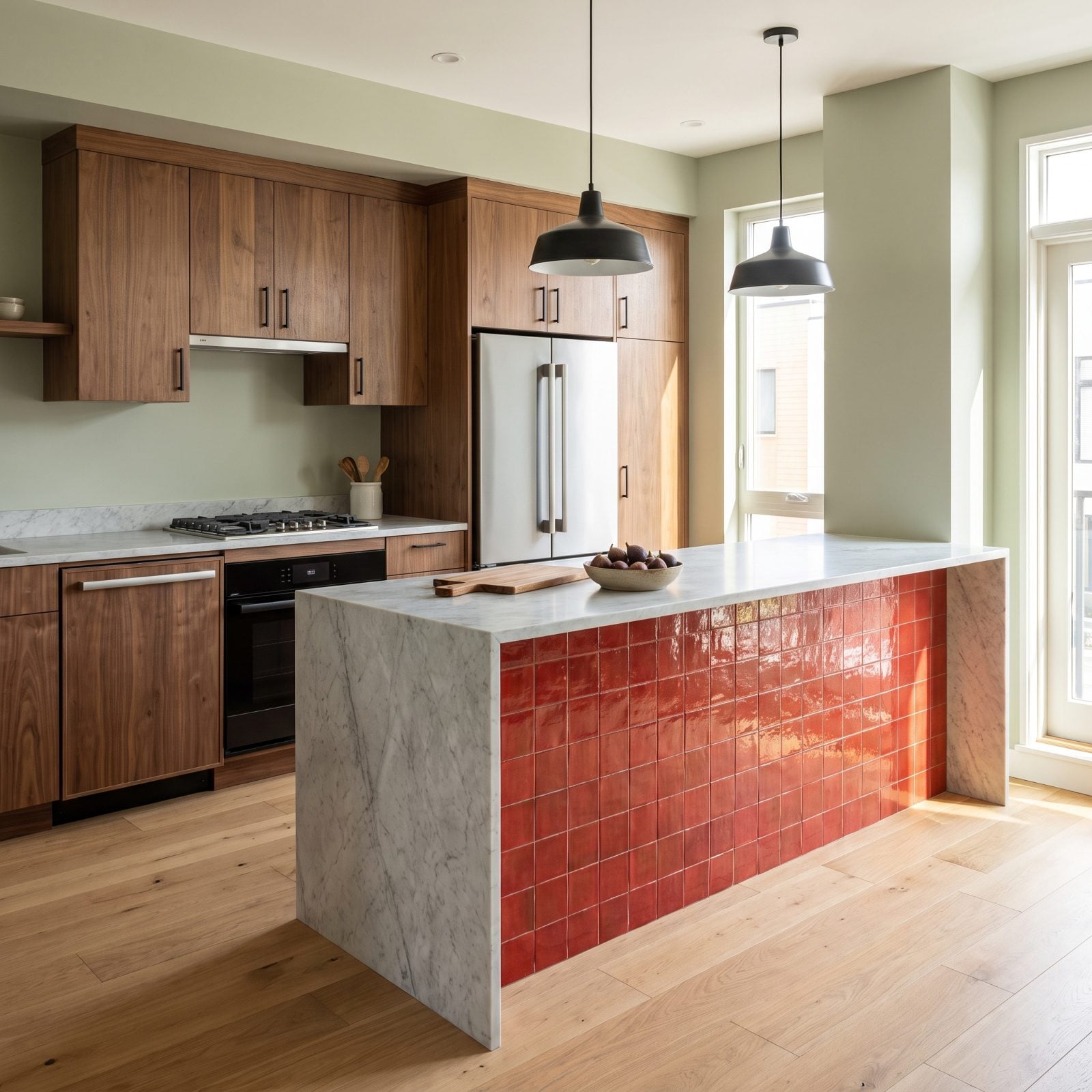 Walnut Kitchen With a Fireclay-Red Peninsula