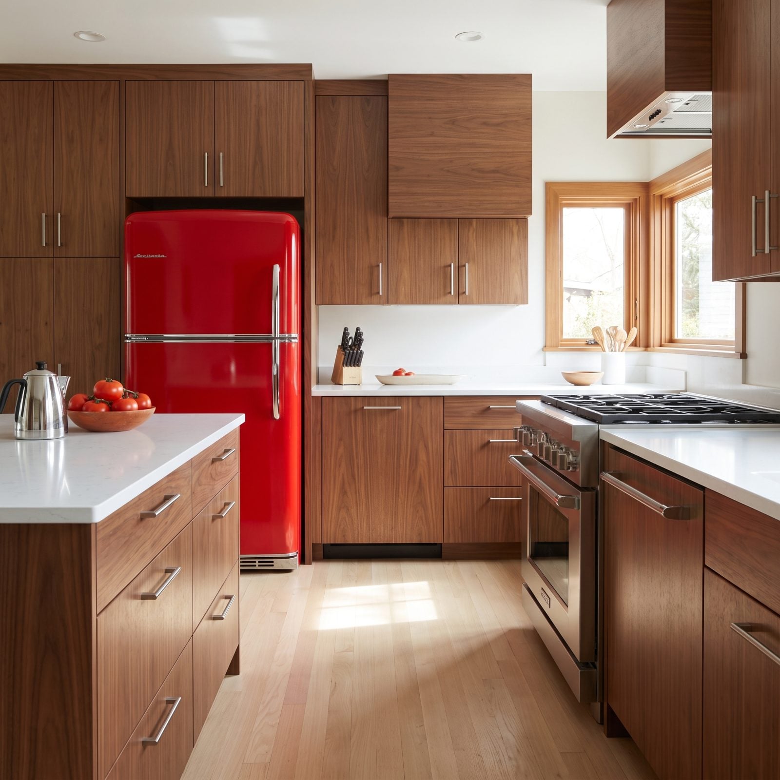 Walnut Kitchen With a Freestanding Scarlet Refrigerator