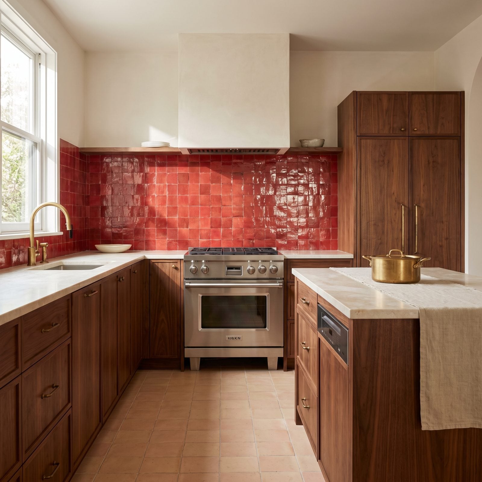 Walnut Kitchen With Handmade Poppy-Red Zellige Tile