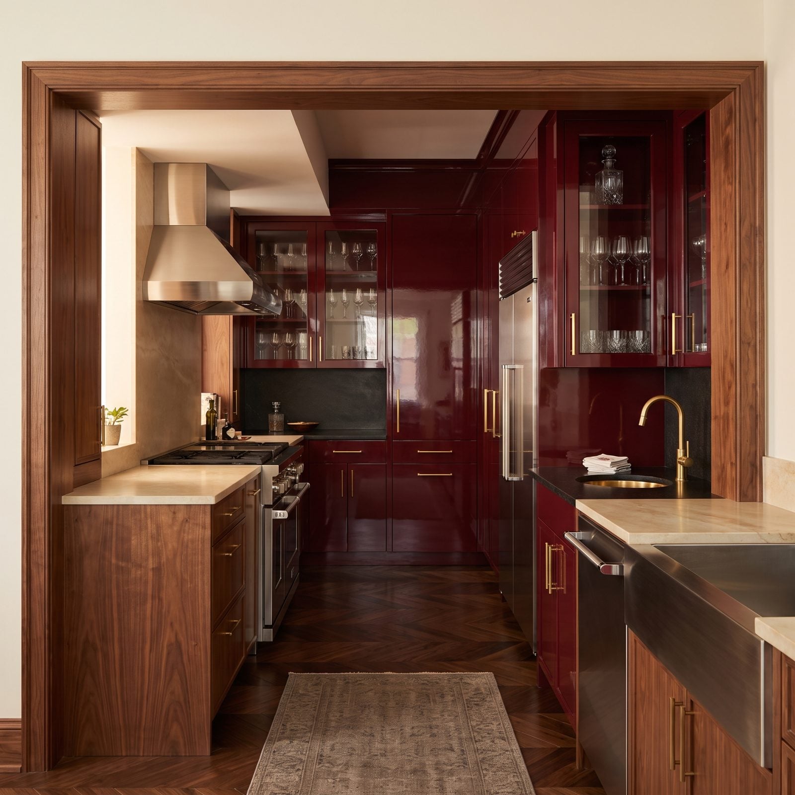 Walnut Kitchen With a Lacquered Garnet Butler's Pantry