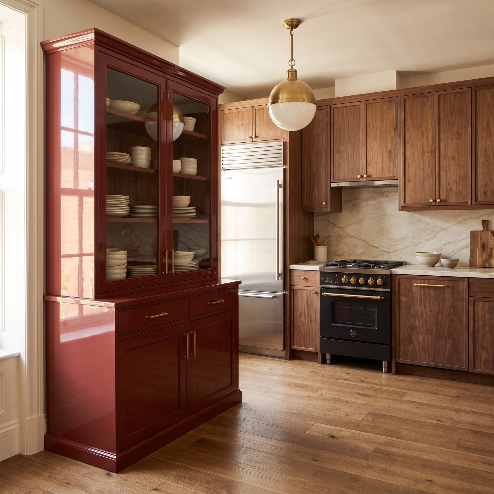 Walnut Kitchen With a Lacquered Rosewood-Red Hutch