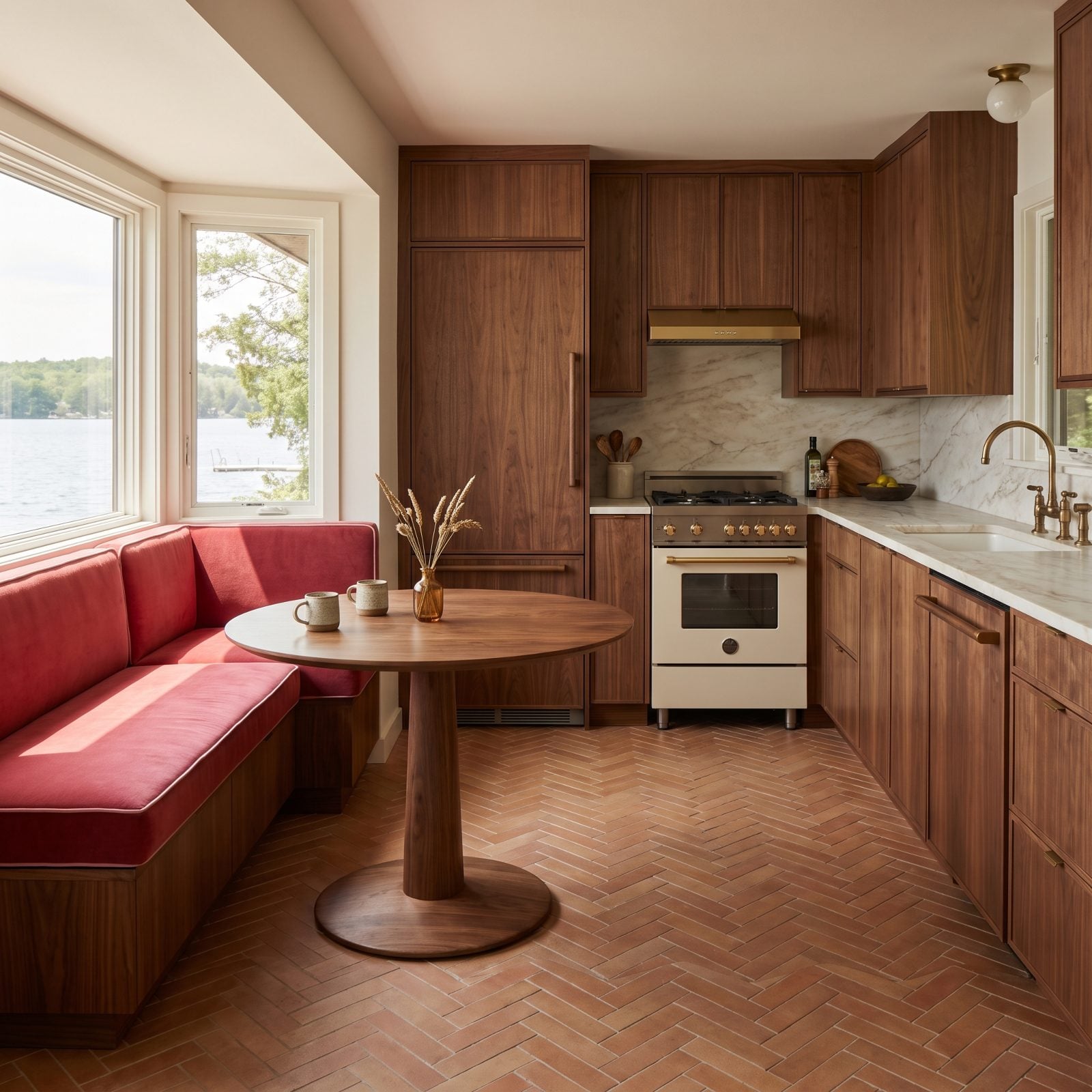 Walnut Kitchen With a Raspberry-Red Banquette