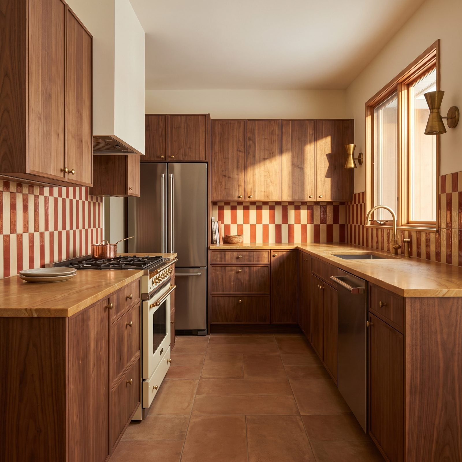 Walnut Kitchen With a Red-and-Cream Striped Backsplash