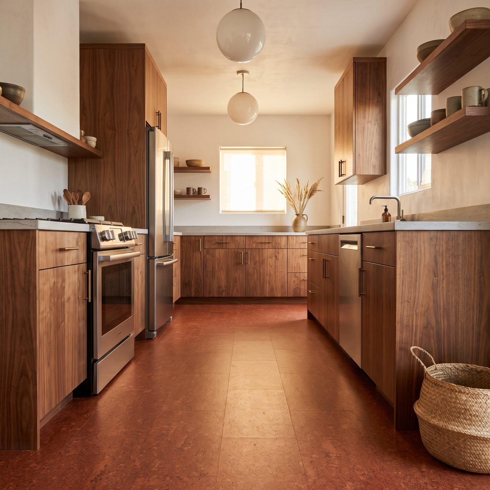 Walnut Kitchen With a Red Cork Floor