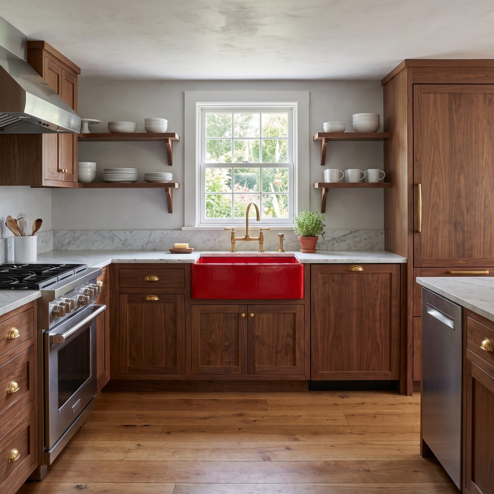 Walnut Kitchen With a Red Enamel Farmhouse Sink