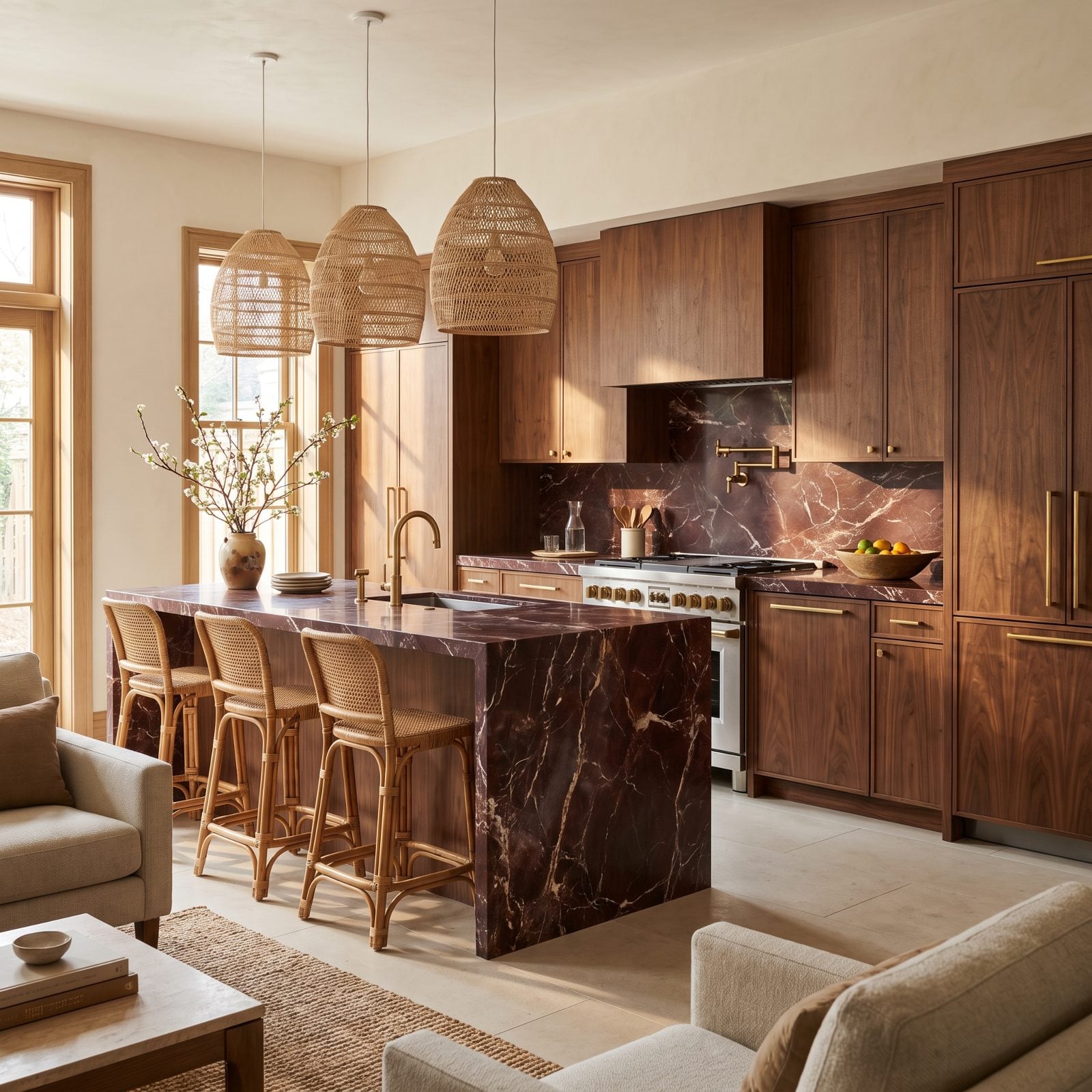 Walnut Kitchen With Red Levanto Marble Counters