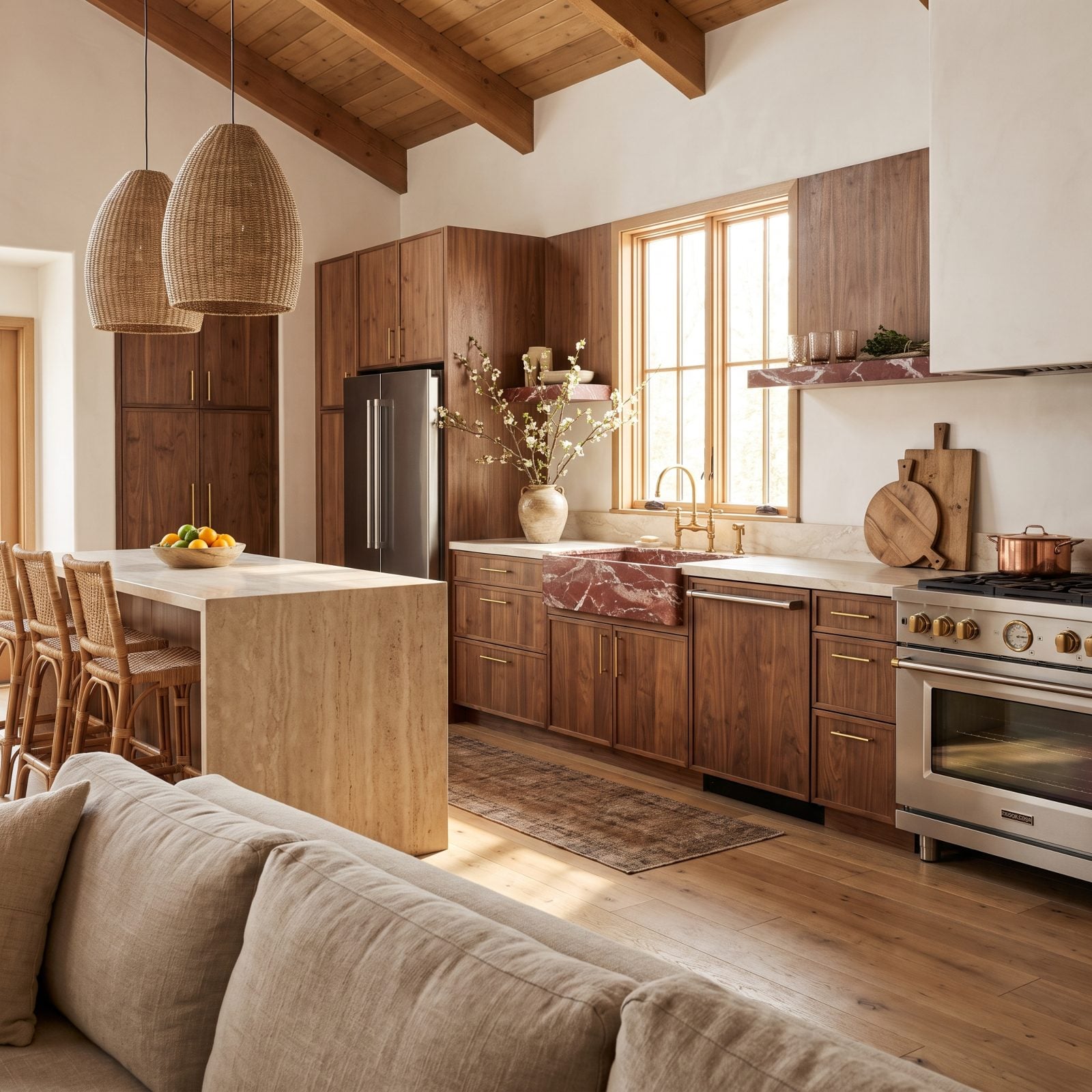 Walnut Kitchen With a Red Marble Shelf and Matching Sink