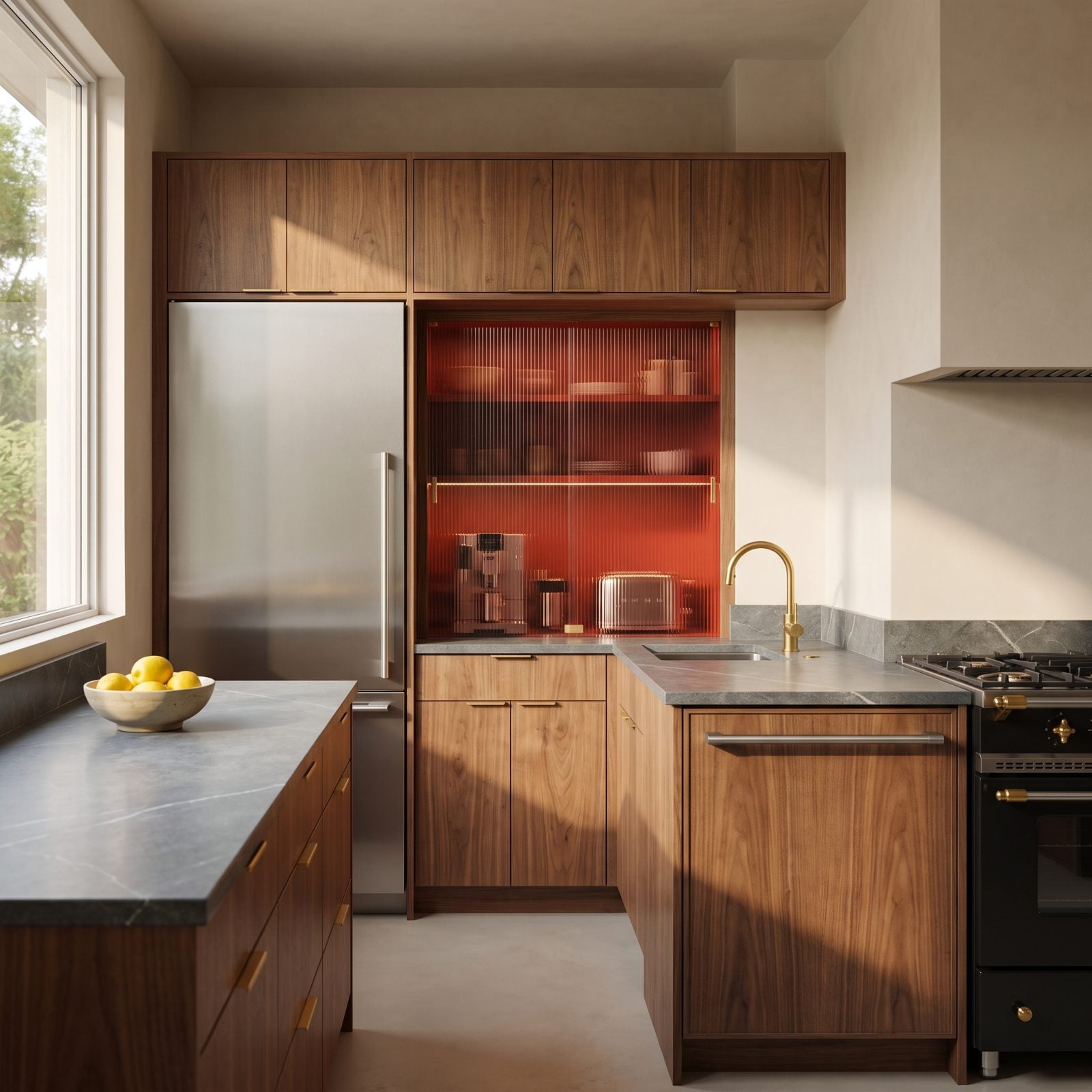 Walnut Kitchen With a Red Ribbed-Glass Appliance Garage