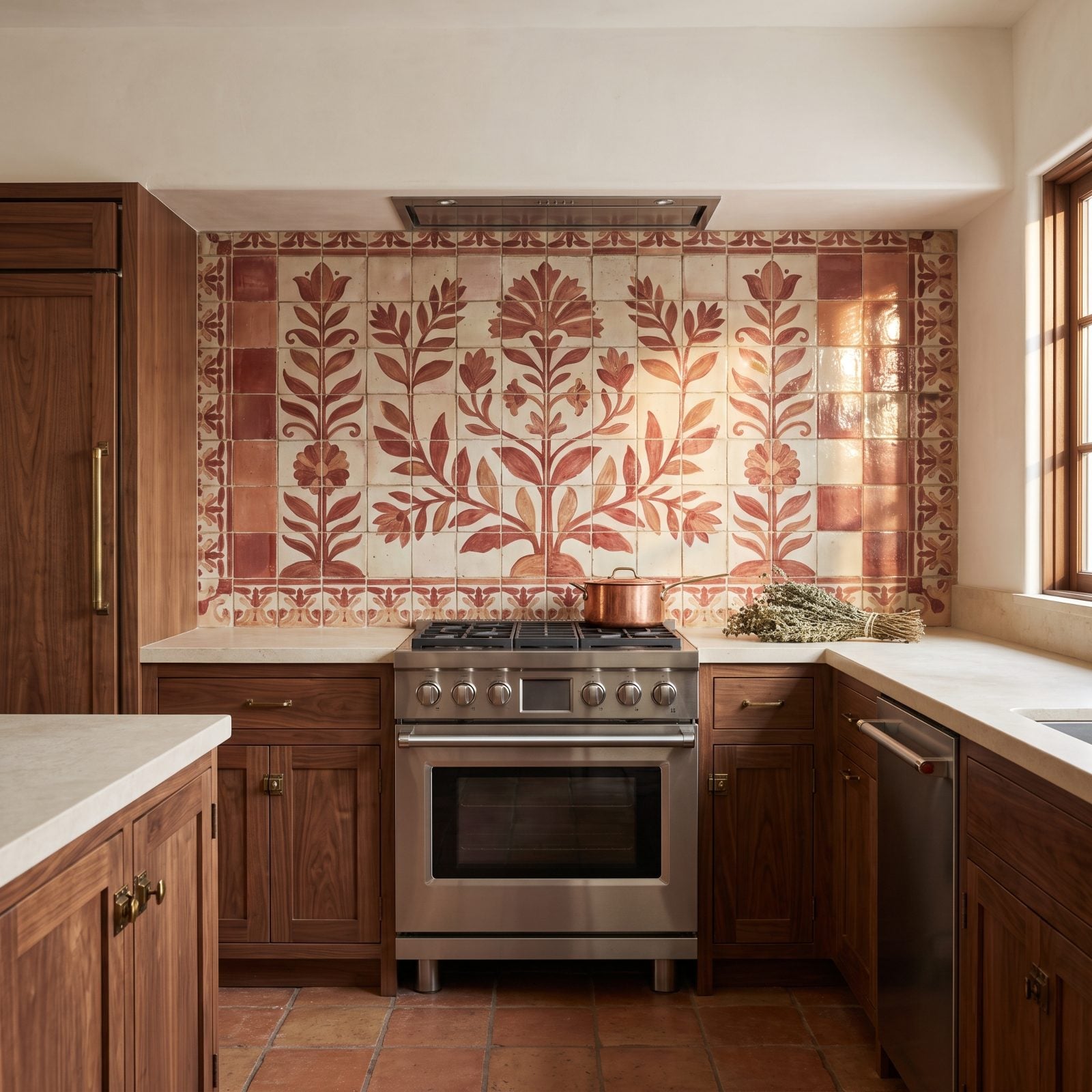 Walnut Kitchen With a Vintage Red Tile Mural