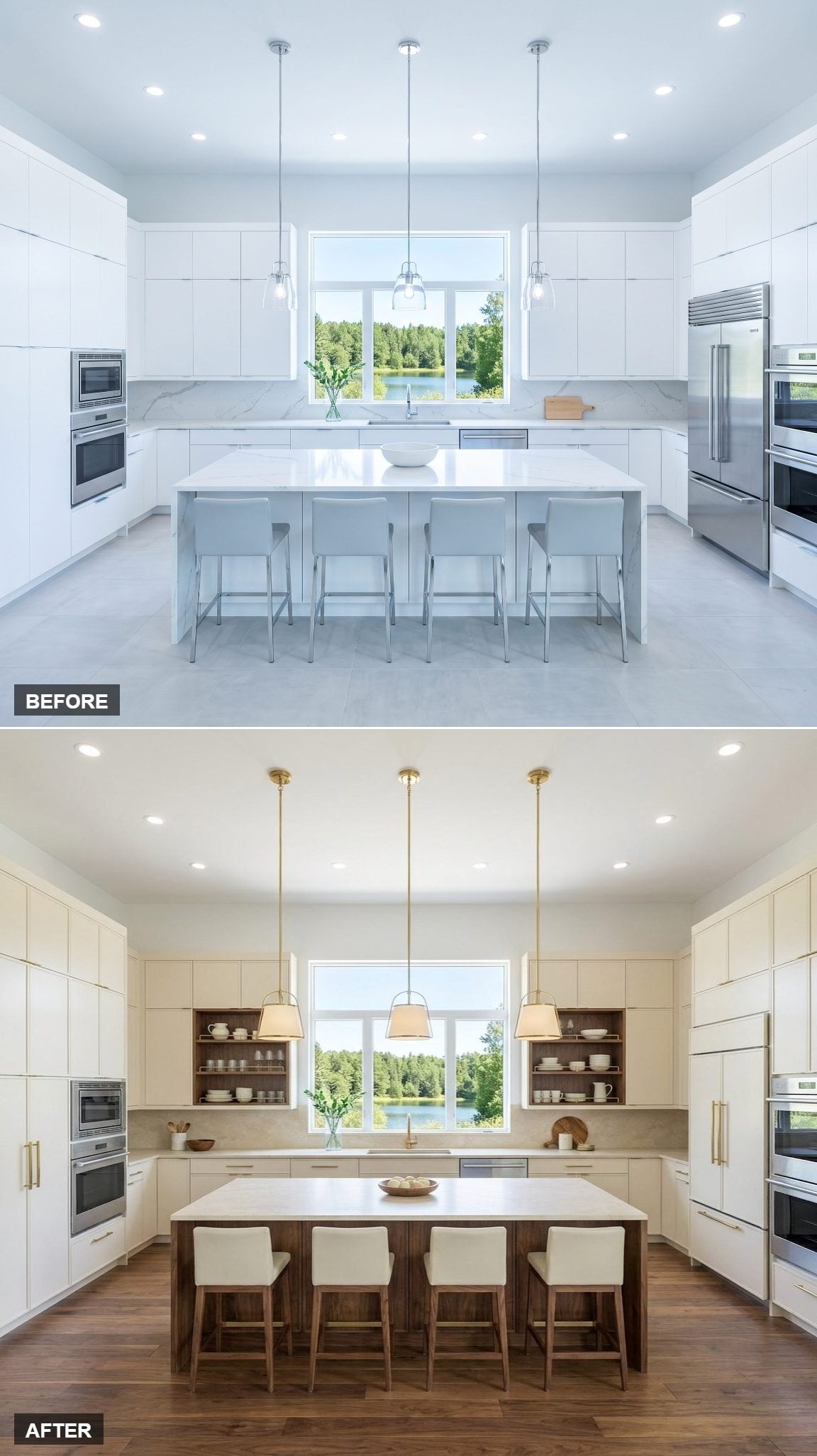 Walnut-Lined Cabinet Niches With Brass Gallery Rails and Warm-Cream Millwork Architecture