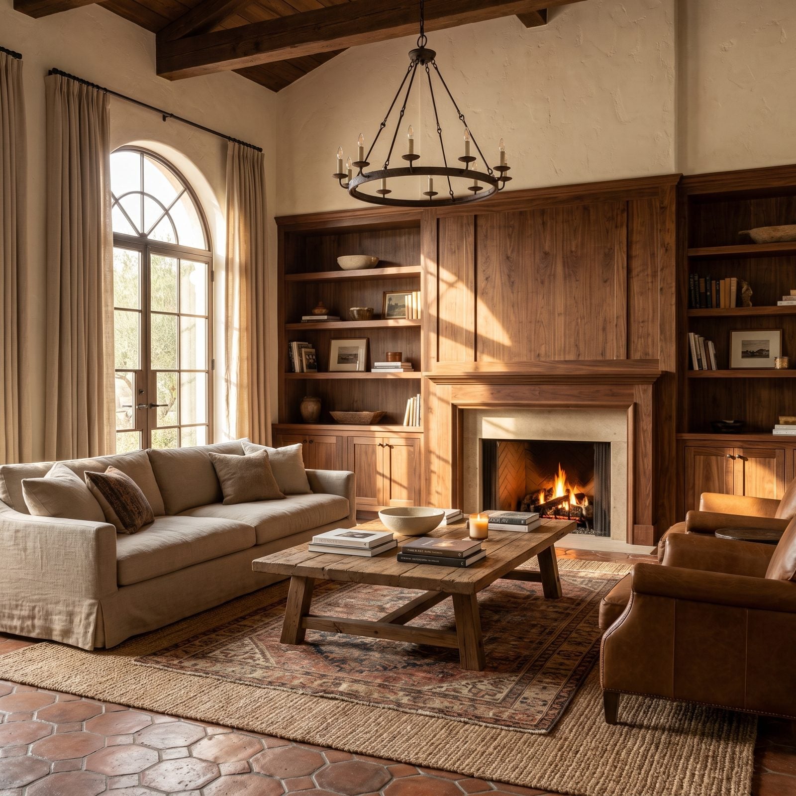 Walnut Millwork with Cream Plaster and Terracotta Floors