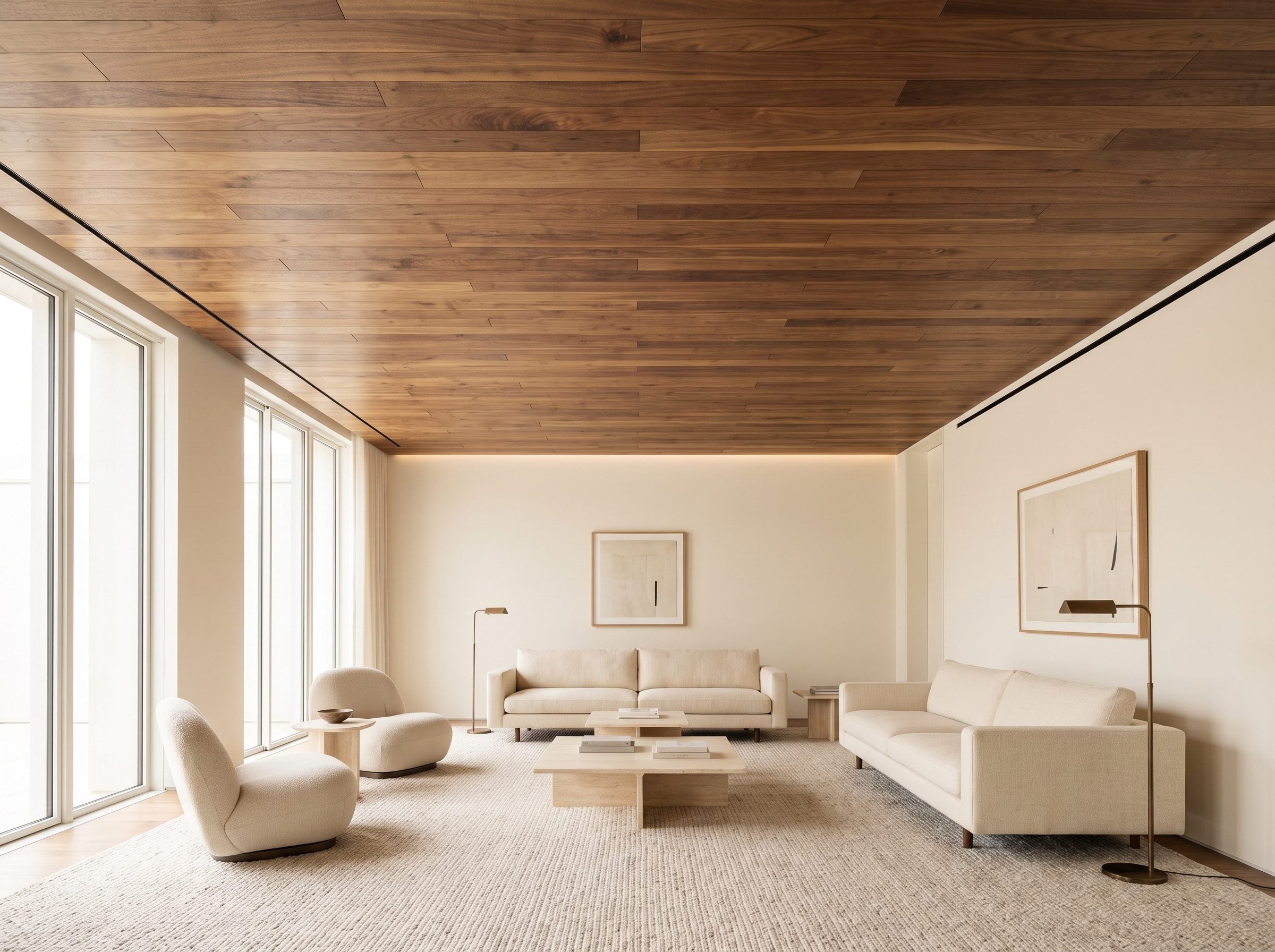Contemporary living room with a walnut-plank ceiling running the full length above cream sofas and a limestone coffee table.