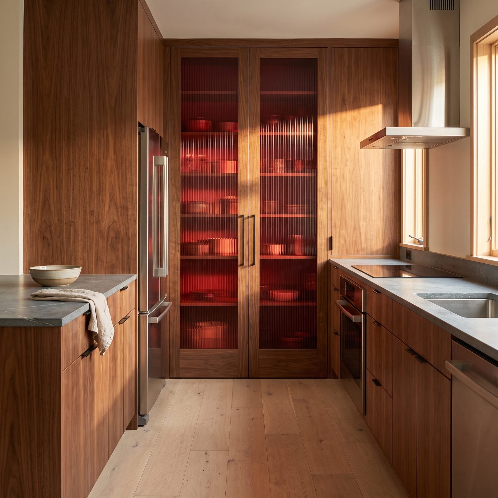Walnut Pantry Wall Behind Fluted Red Glass Doors