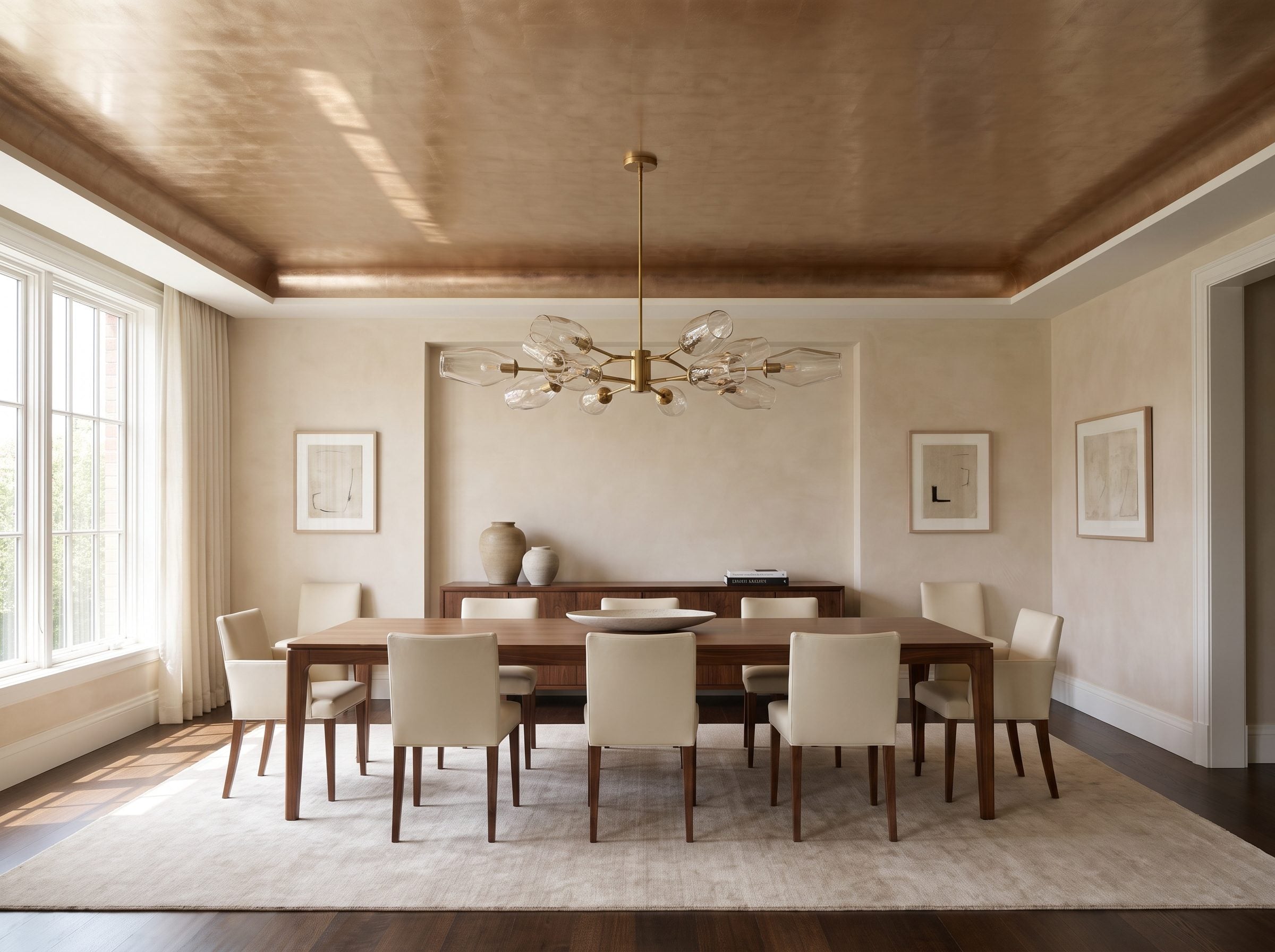 Dining room with a warm bronze metallic ceiling above a walnut table and brass chandelier, with cream chairs on a large
