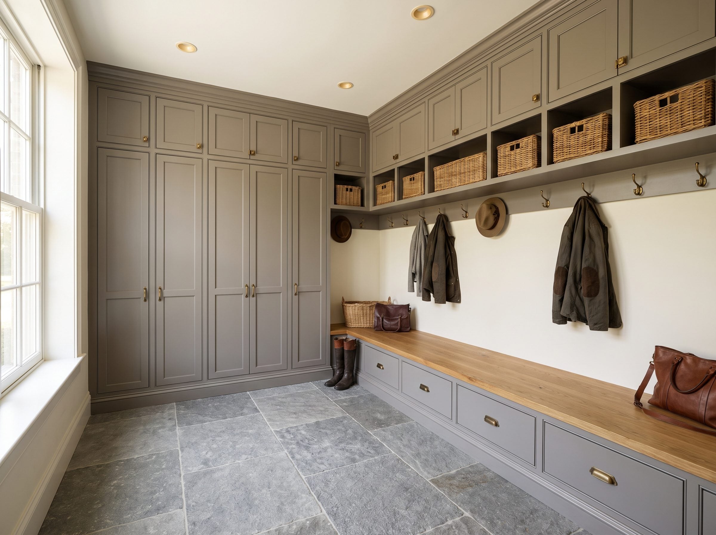 Warm-gray floor-to-ceiling mudroom cabinetry with three locker compartments, an oak-topped bench at 18 inches, brass hooks,
