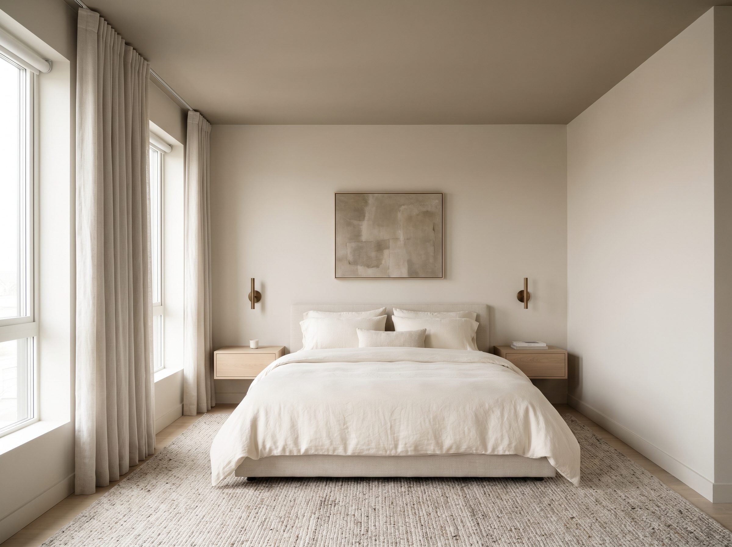 Minimalist bedroom with a warm greige ceiling set one shade deeper than the light beige walls above a low upholstered bed.