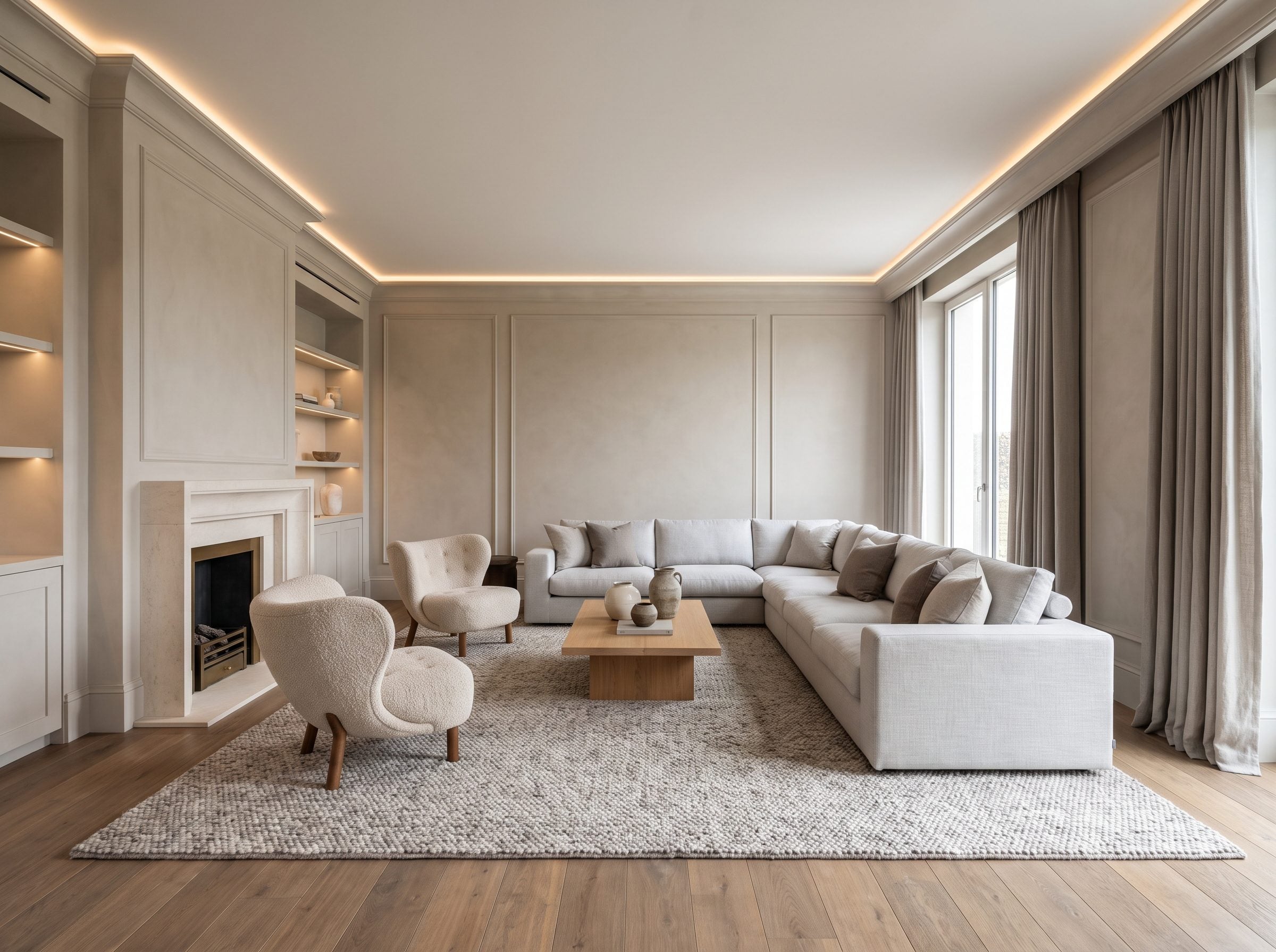 Living room with warm greige plaster walls, a pale-gray linen sectional, two oatmeal chairs, oak floors and a honed