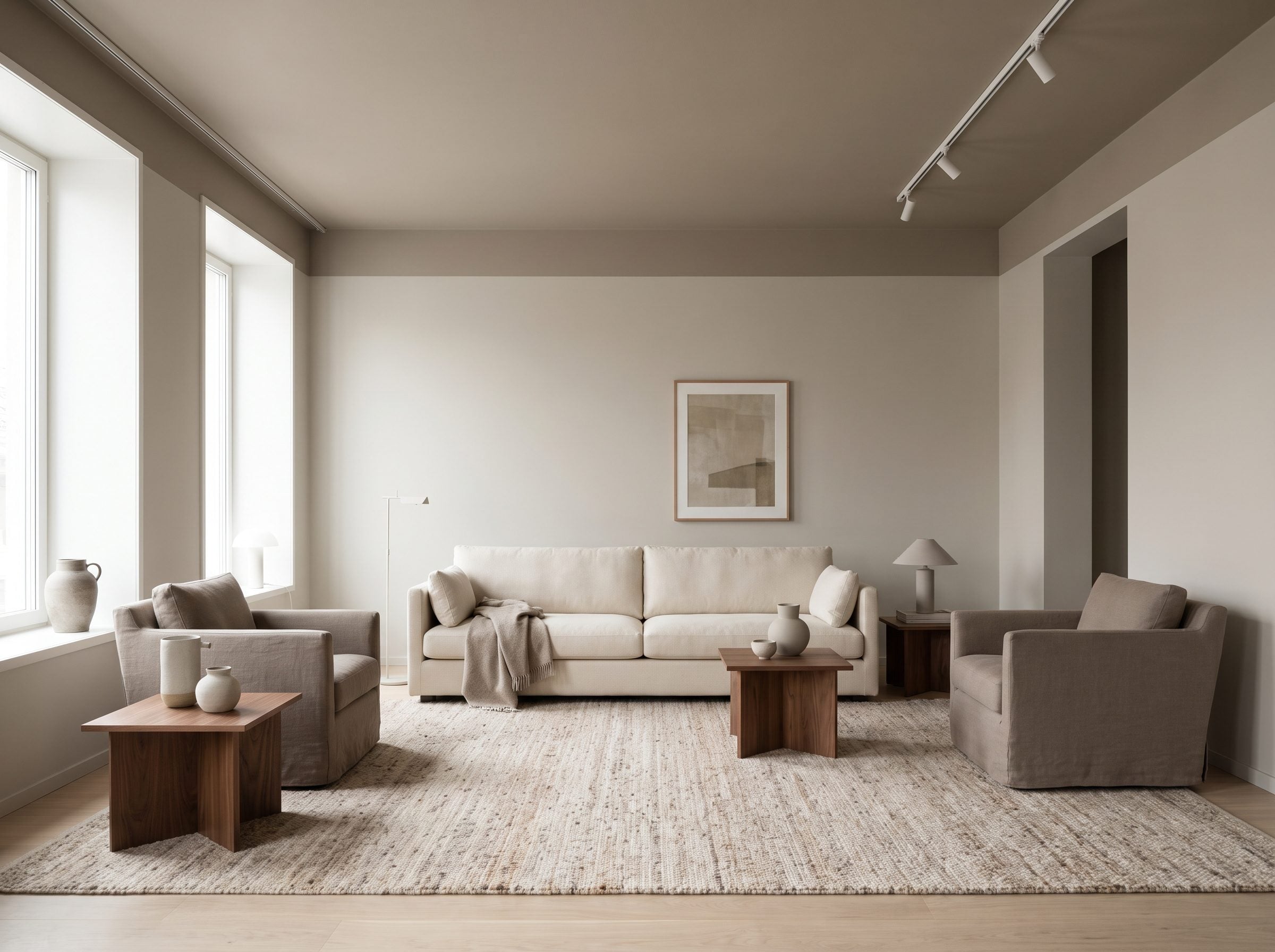 Greige living room with a warm taupe ceiling set off by a warm-white crown molding, above an 84-inch cream sofa and walnut