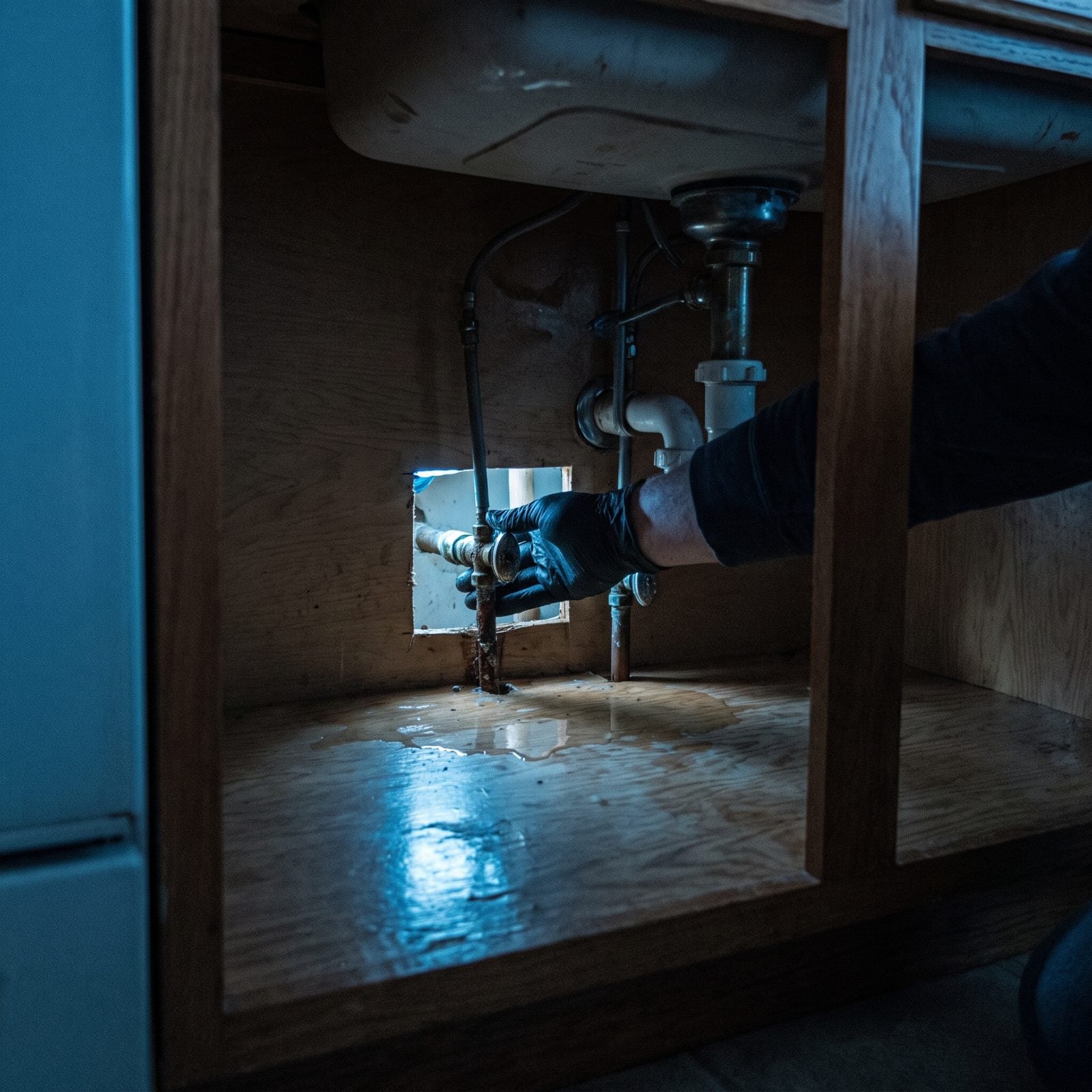 Under-vanity view showing shutoff valves blocked by a fixed cabinet panel and shelf.