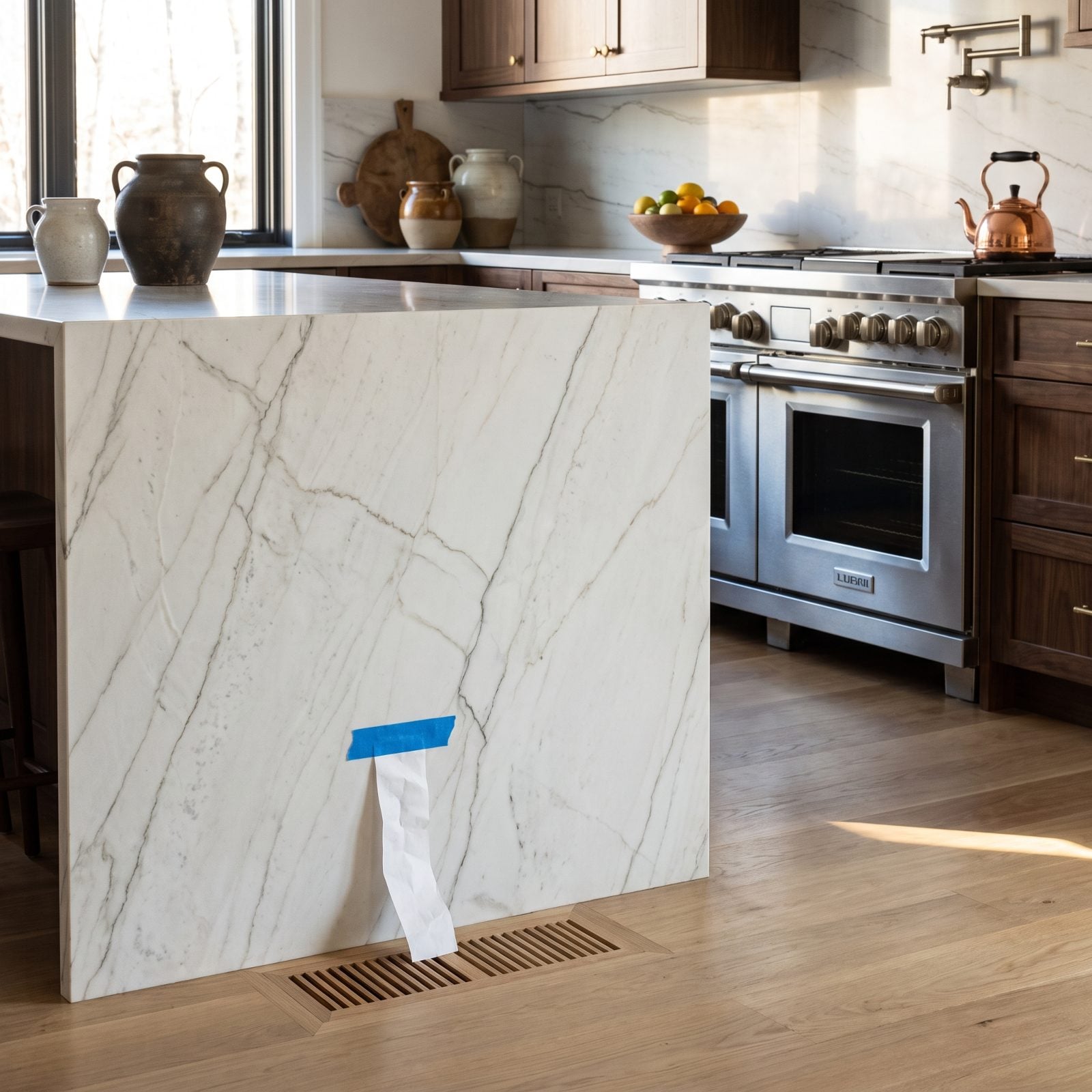 Greige kitchen where the waterfall panel base lands partly over a floor supply vent register.