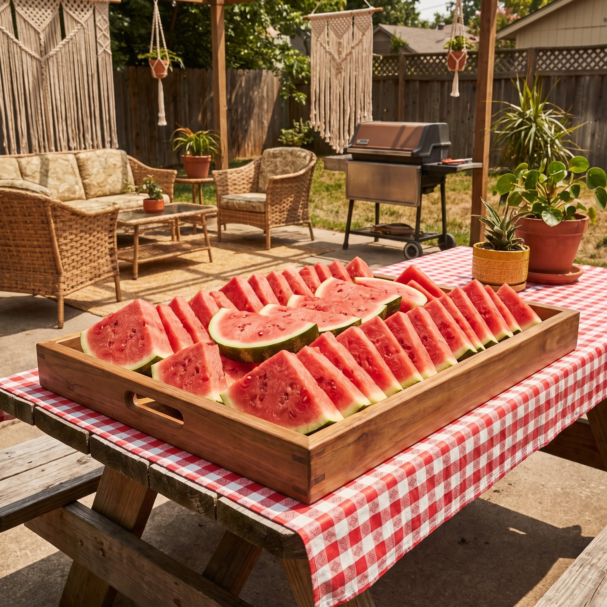 Large tray piled with watermelon slices