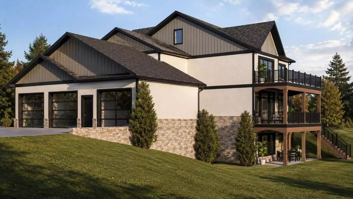 Stone Base, Stacked Decks, and a Garage Wing That Knows Its Place