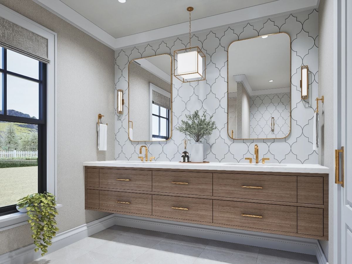 Gold Hardware and Arabesque Tile Pull This Double Vanity Together