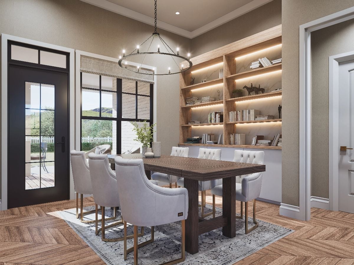 Lit Shelving and a Round Chandelier Give This Dining Room Two Focal Points